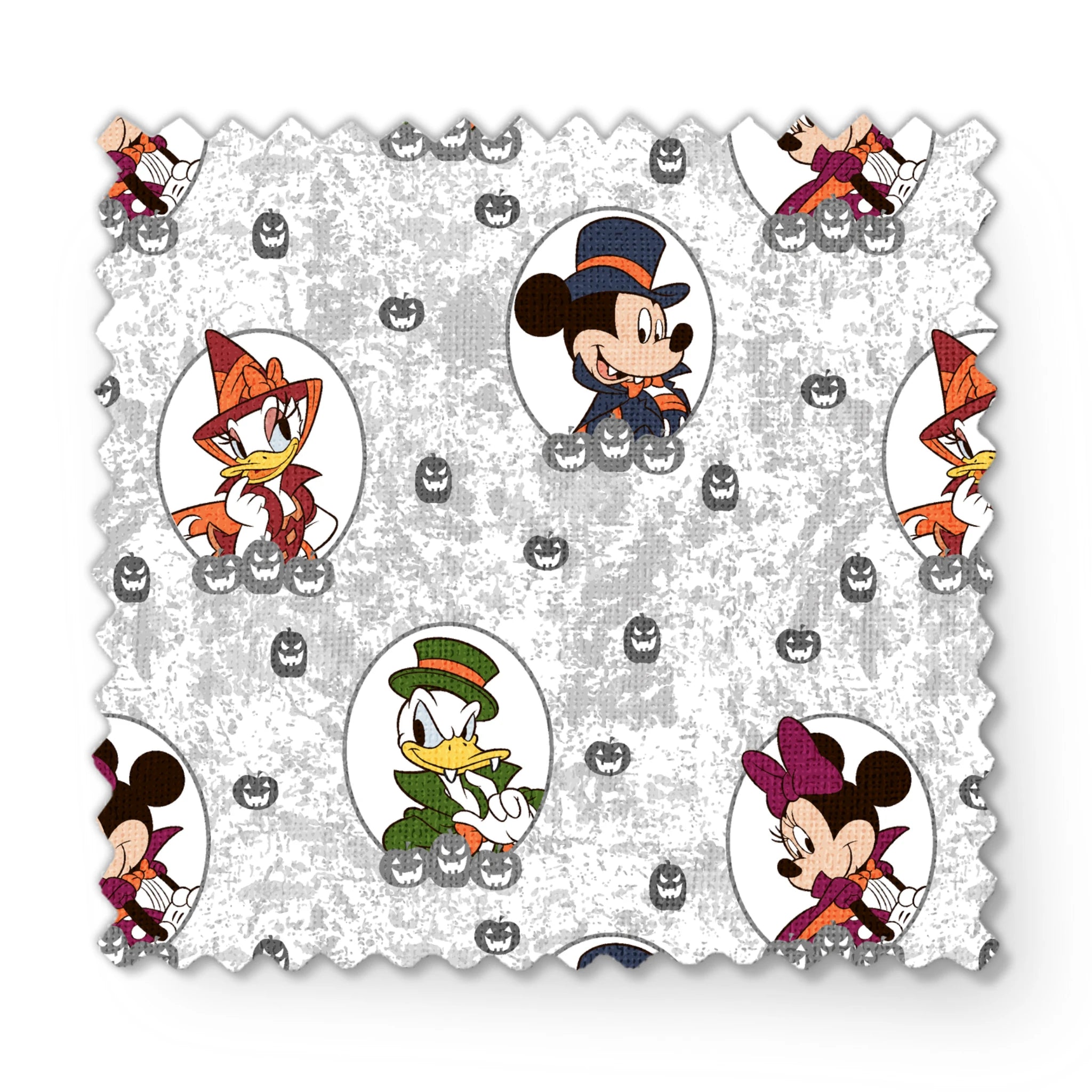 Disney Halloween pattern with Mickey in top hat, Donald in green hat, and Daisy in witch hat on gray background with pumpkins. fabric swatch mockup