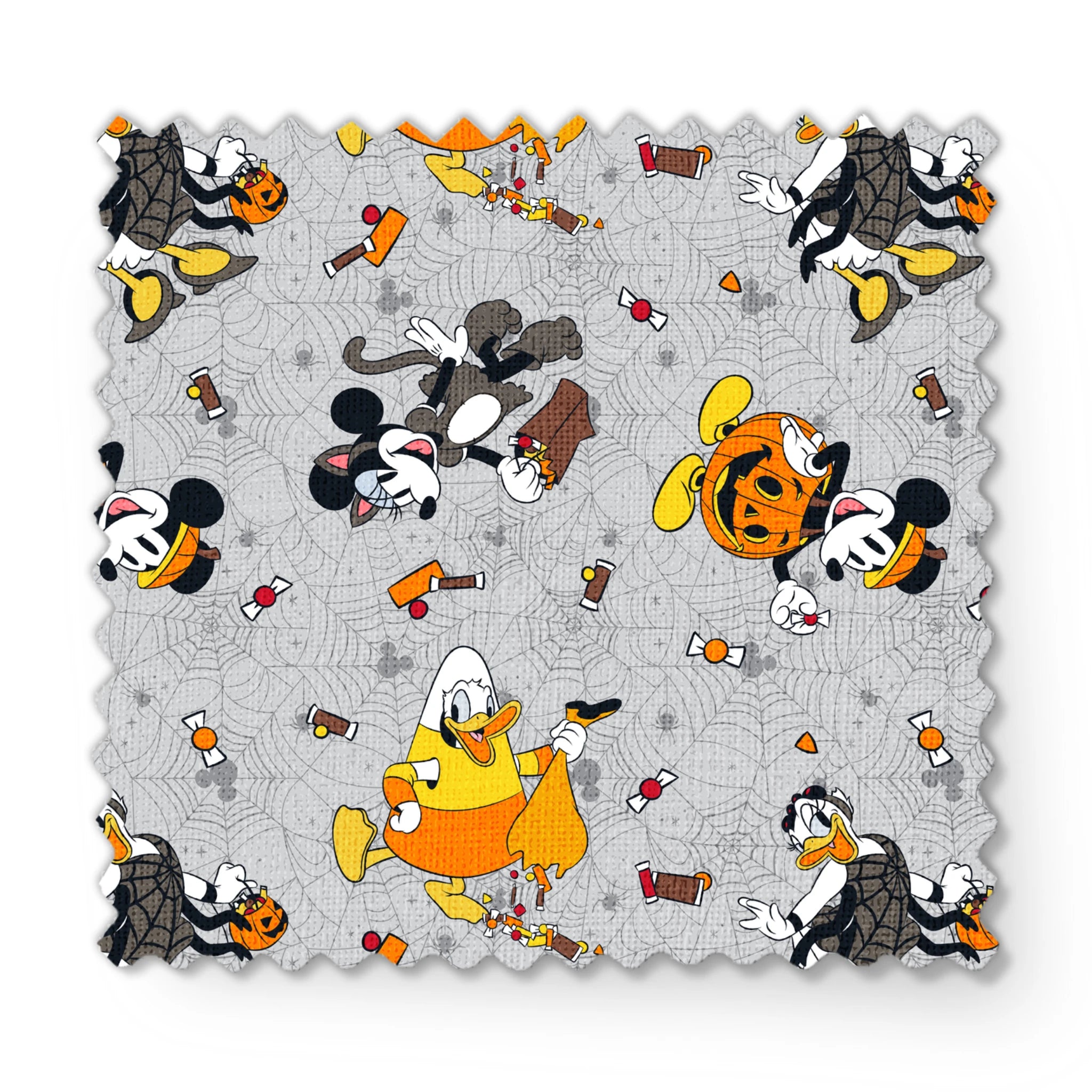 Disney characters on gray spider web pattern with candy corn scattered throughout, Halloween themed design. fabric swatch mockup