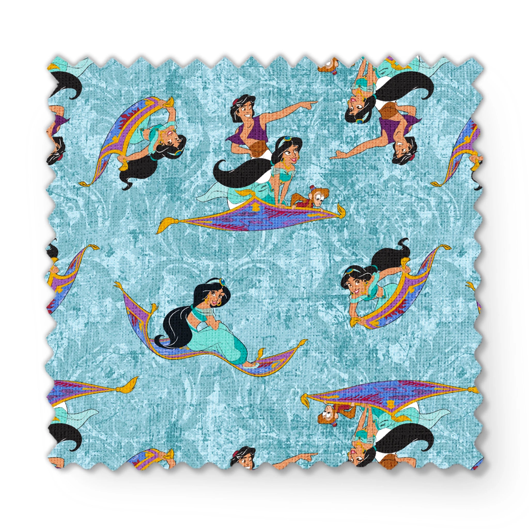 Aladdin and Princess Jasmine riding magic carpets against a light blue marbled background pattern fabric swatch mockup