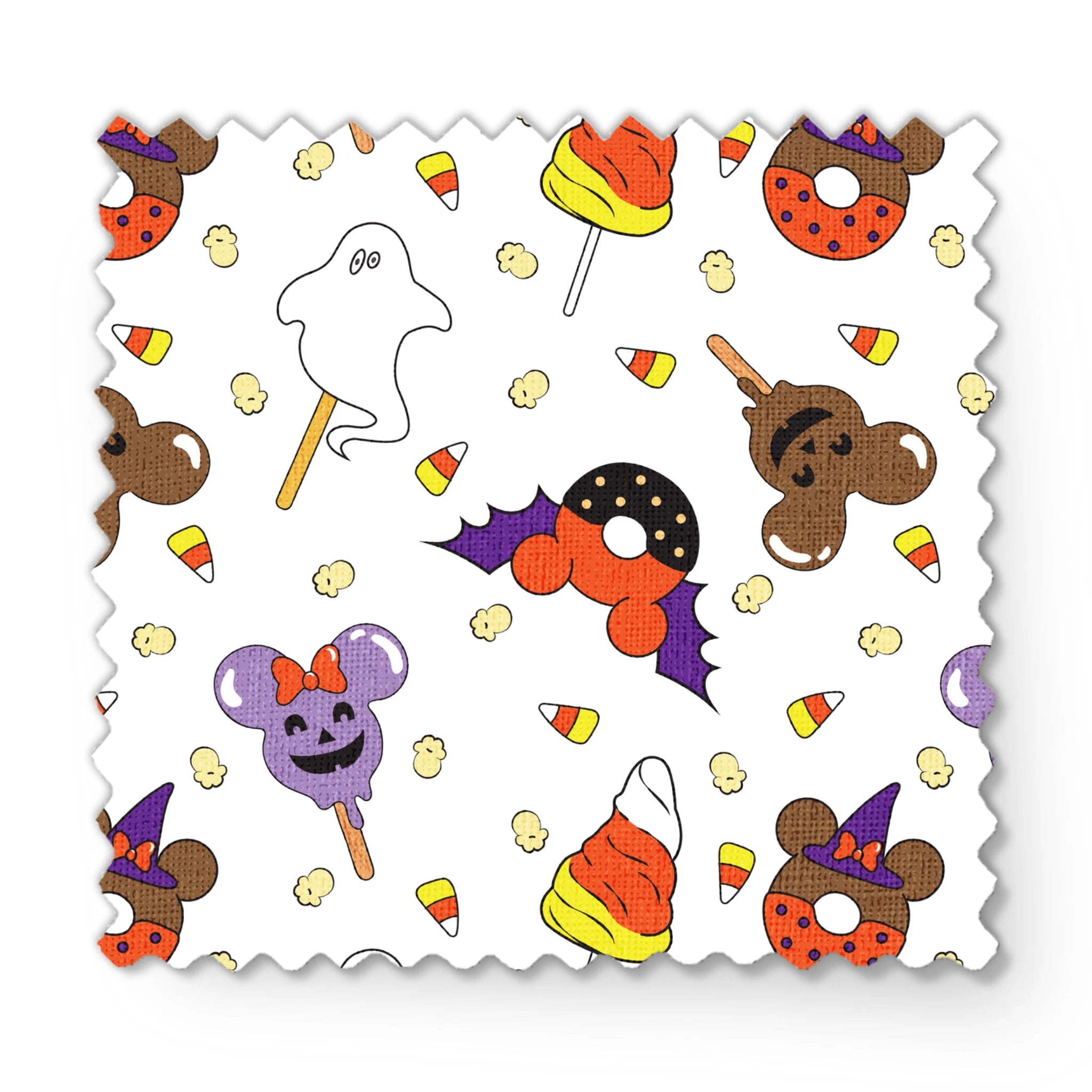 Disney Halloween themed pattern with candy lollipops, ghost, bats, and candy corn fabric swatch mockup