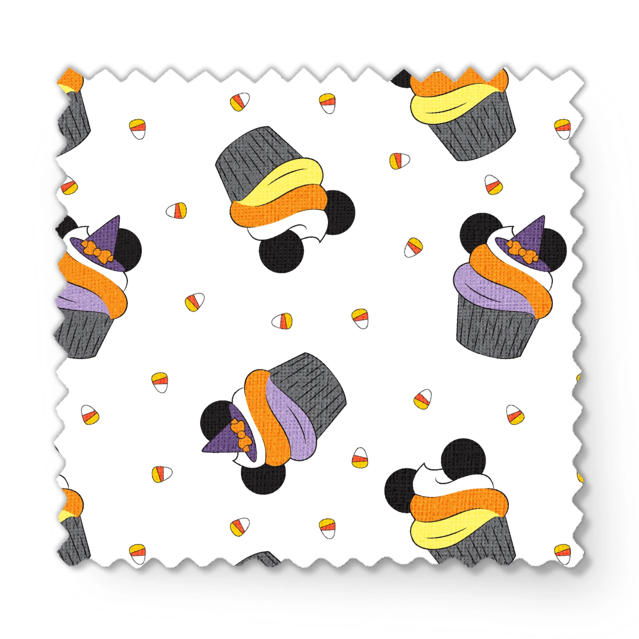Disney cupcakes with black circular elements and colorful frosting in orange, yellow, and purple on a white background. fabric swatch mockup