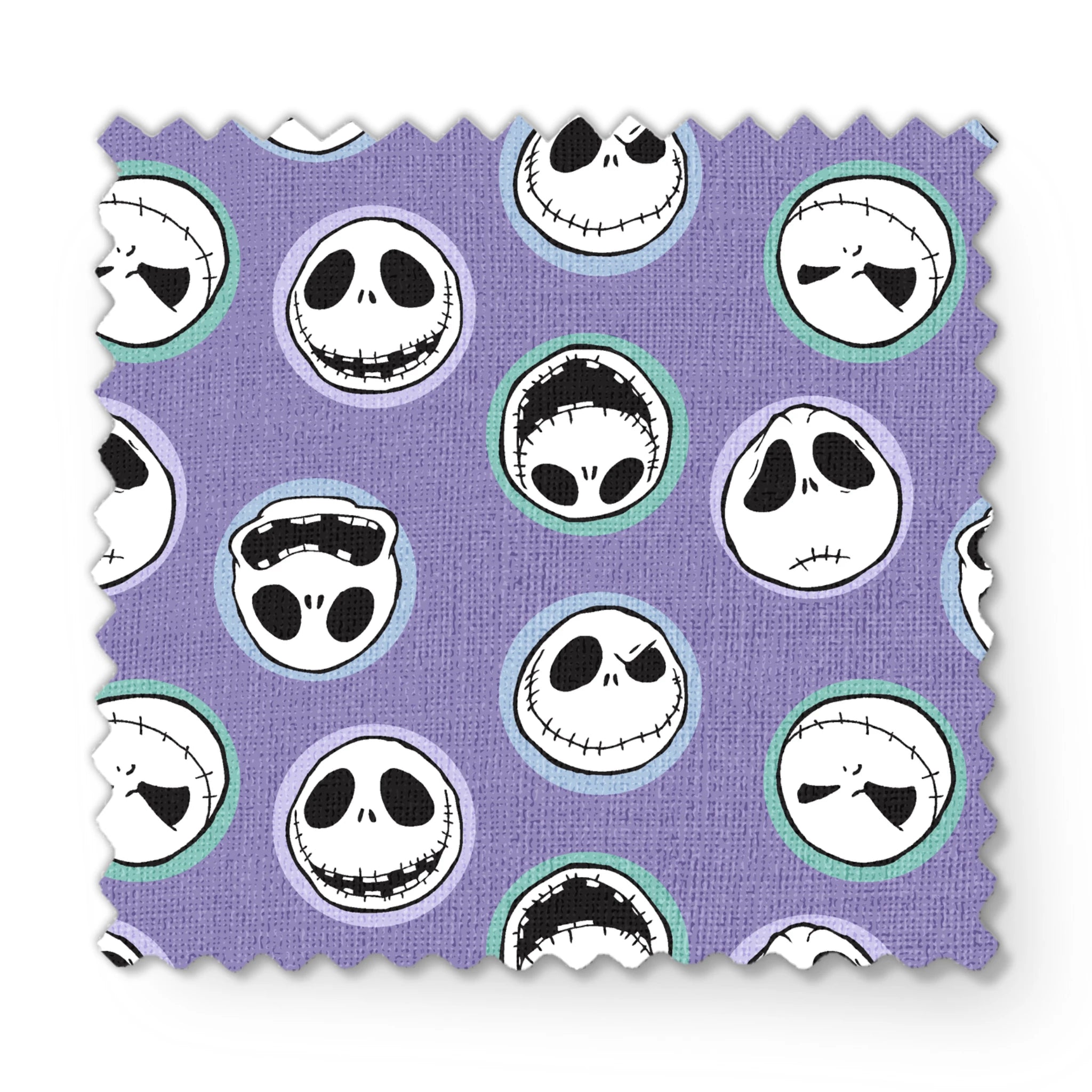 Repeating skull faces with stitched mouths and large eyes on purple background in cartoon style fabric swatch mockup