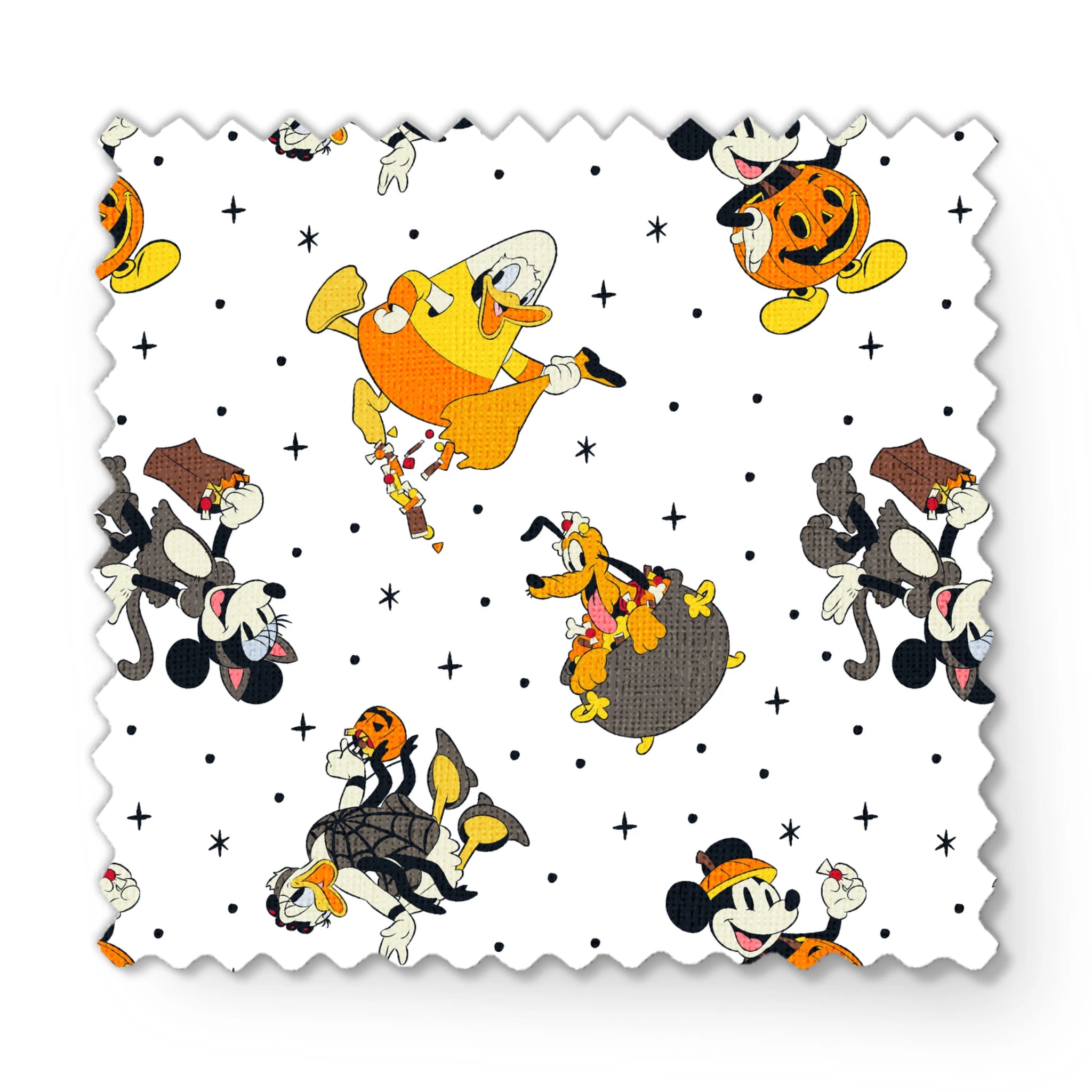 Disney characters in Halloween costumes on white background with stars - Mickey, Pluto, and friends in festive attire fabric swatch mockup