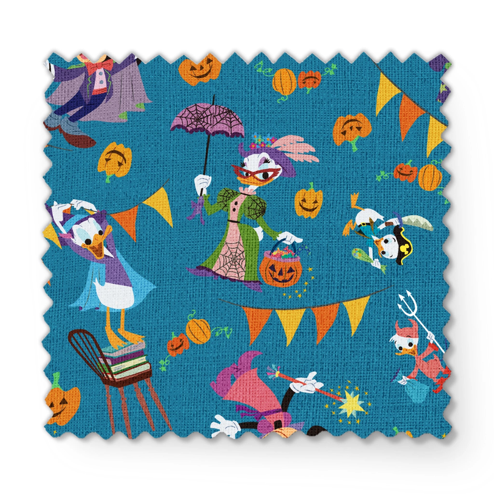 Whimsical Halloween pattern with Disney characters in costumes, pumpkins, and orange bunting on teal background. fabric swatch mockup