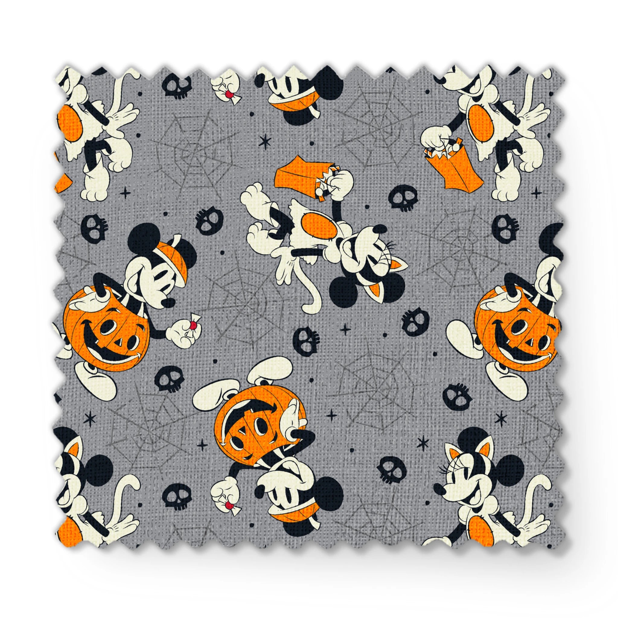 Cartoon dog characters in Halloween costumes with pumpkins on gray background with spider webs and skulls fabric swatch mockup