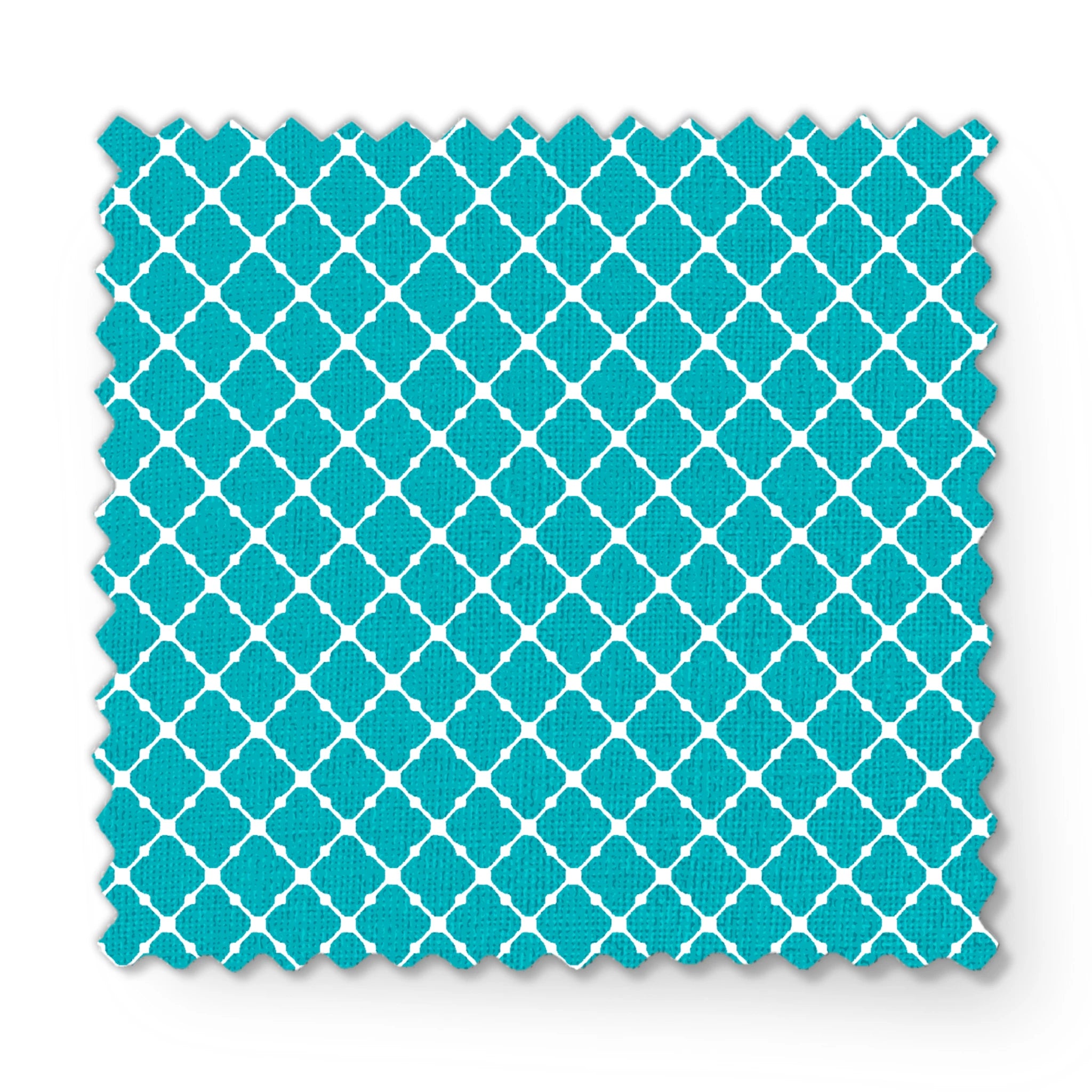 Turquoise and white quatrefoil pattern with Moroccan-inspired geometric design fabric swatch mockup
