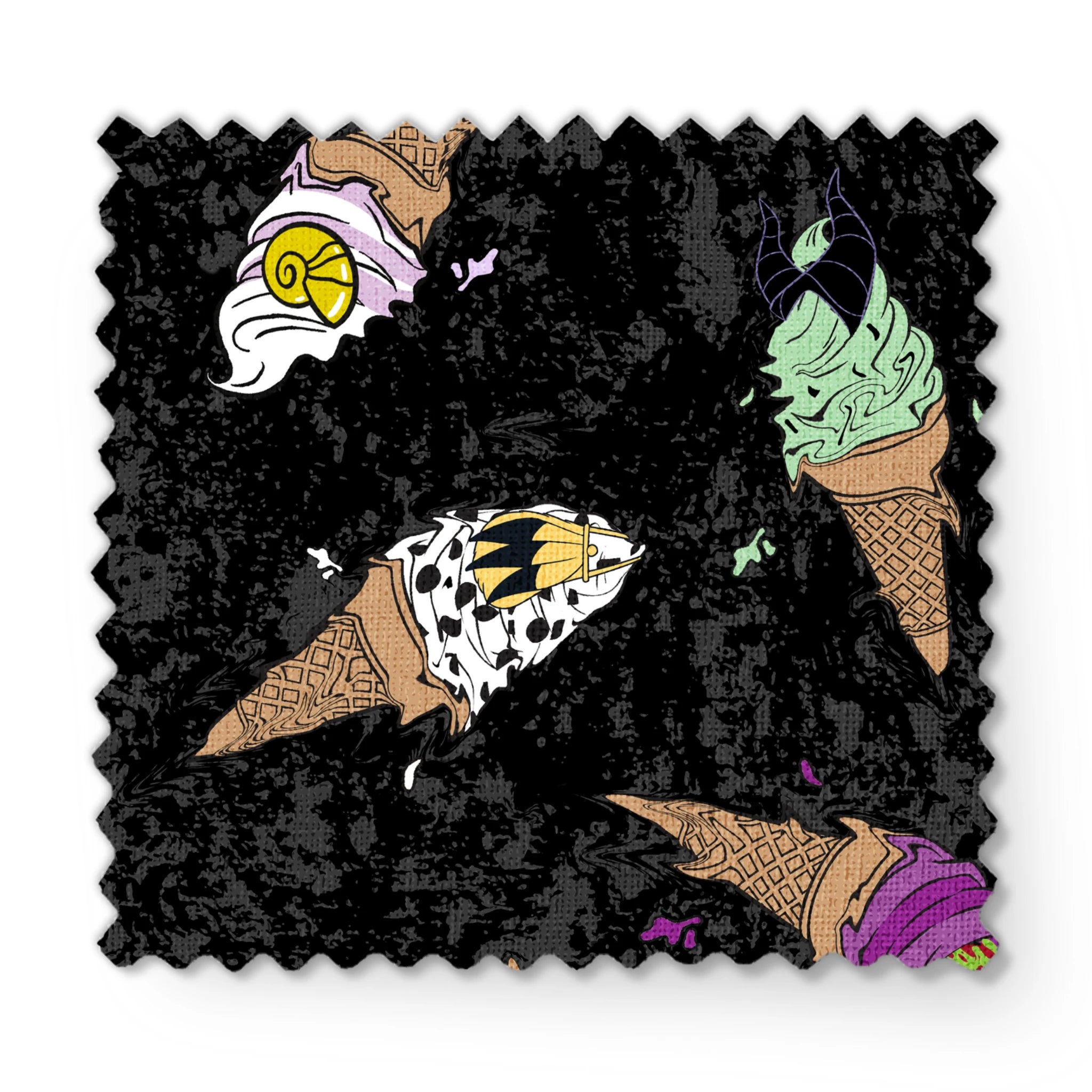 Disney Villain-inspired ice cream cones on black background fabric swatch mockup