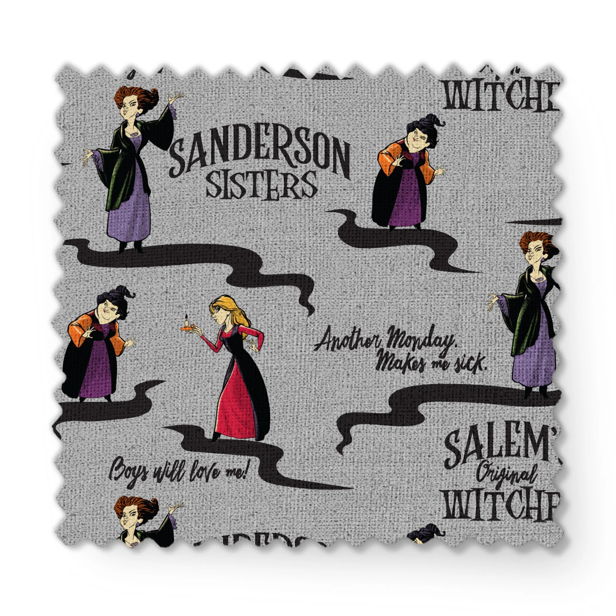 Sanderson Sisters pattern from Hocus Pocus with cartoon witches in purple and red dresses on gray background fabric swatch mockup