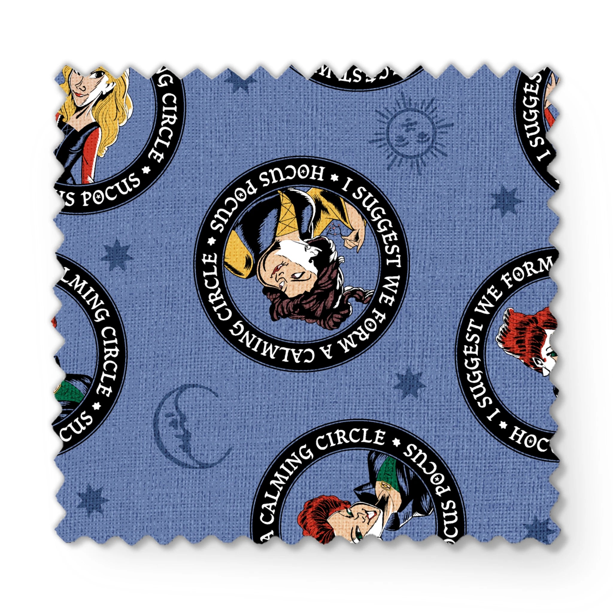 Cartoon witches in circular emblems with "Hocus Pocus" text on blue background with stars fabric swatch mockup