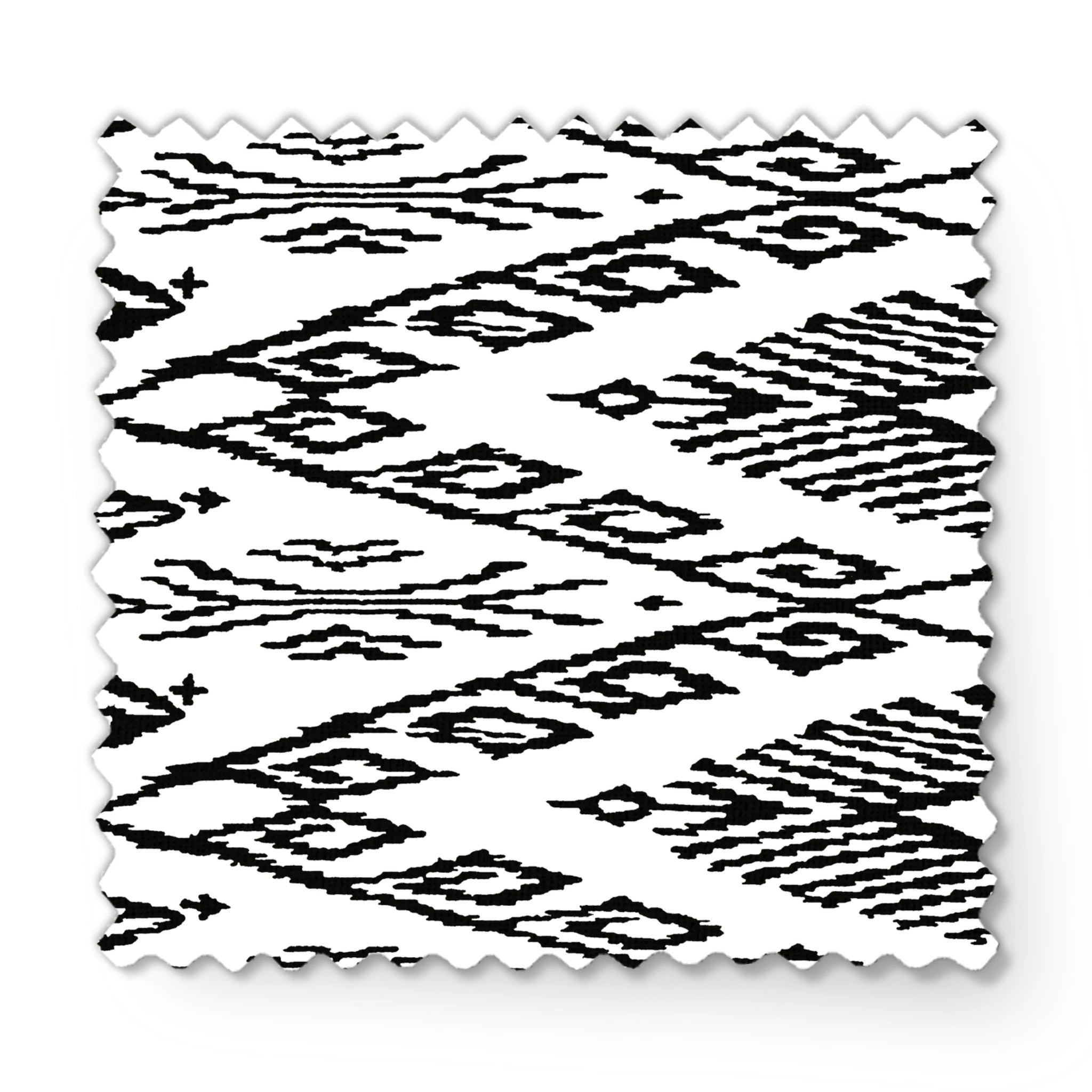 Black and white geometric pattern with diamond shapes and zigzag motifs on a textile surface fabric swatch mockup