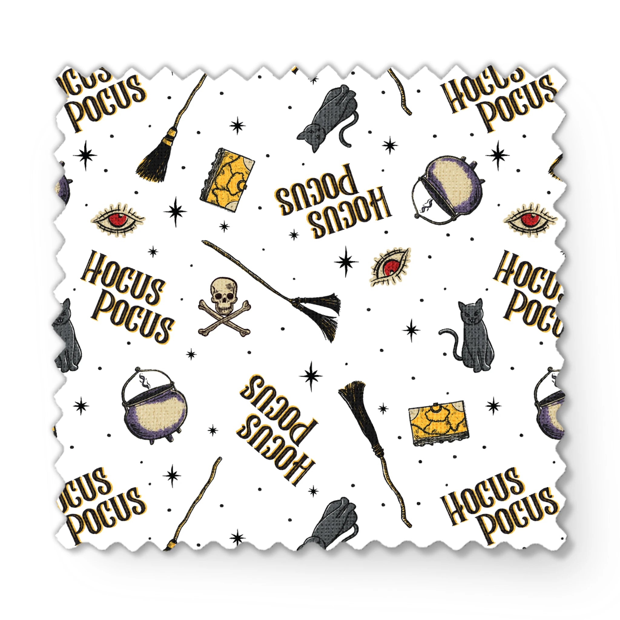 Repeating pattern of witchcraft items with "Hocus Pocus" text, cauldrons, brooms, and mystical symbols on white background fabric swatch mockup