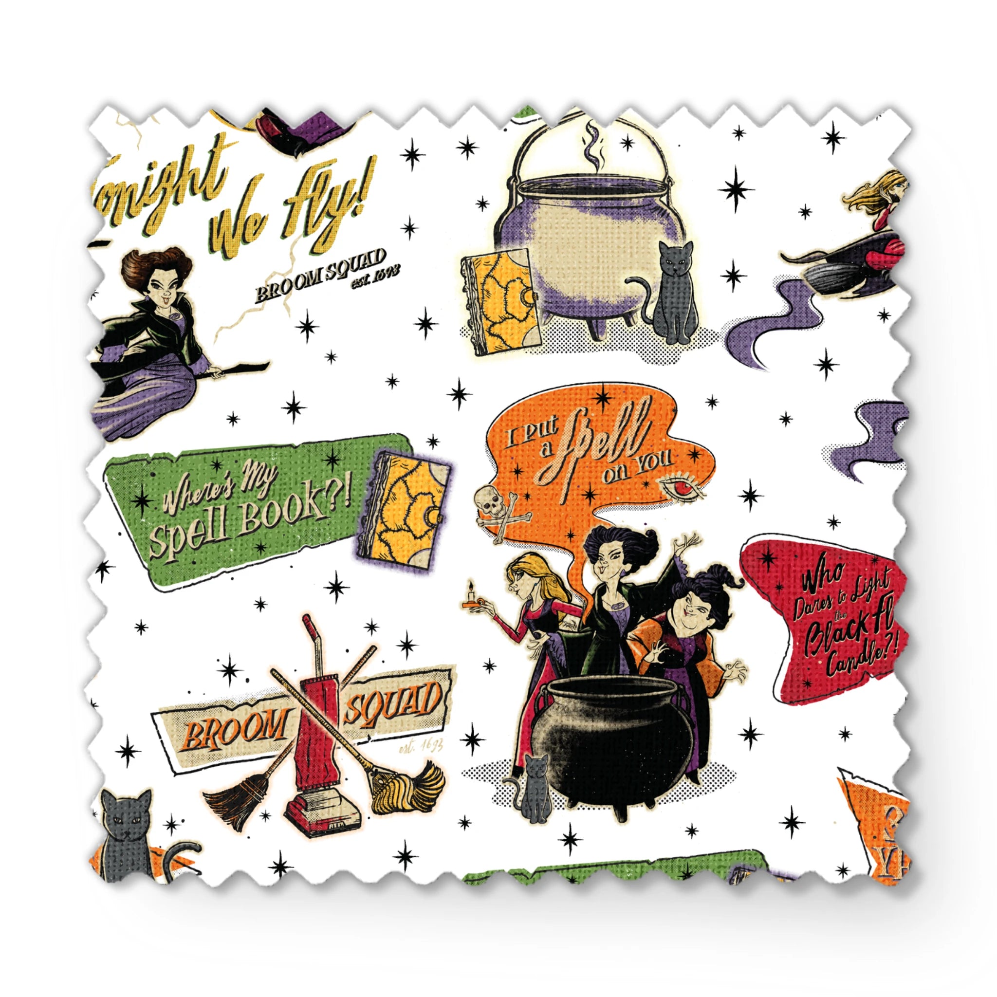 Halloween witch-themed pattern with spell books, cauldrons, brooms, stars, cats, potions and magical sayings on white background fabric swatch mockup