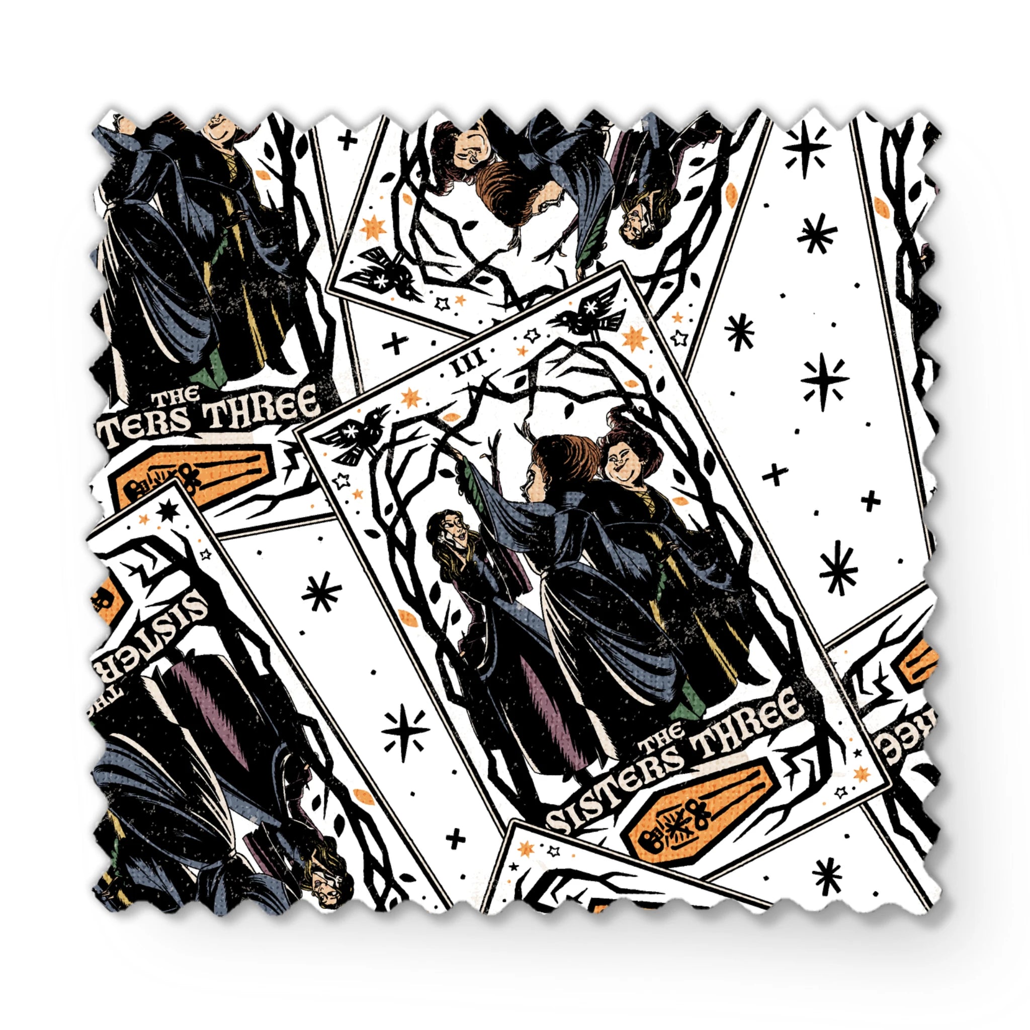 Scattered Hocus Pocus cards showing robed figures against white background with stars fabric swatch mockup