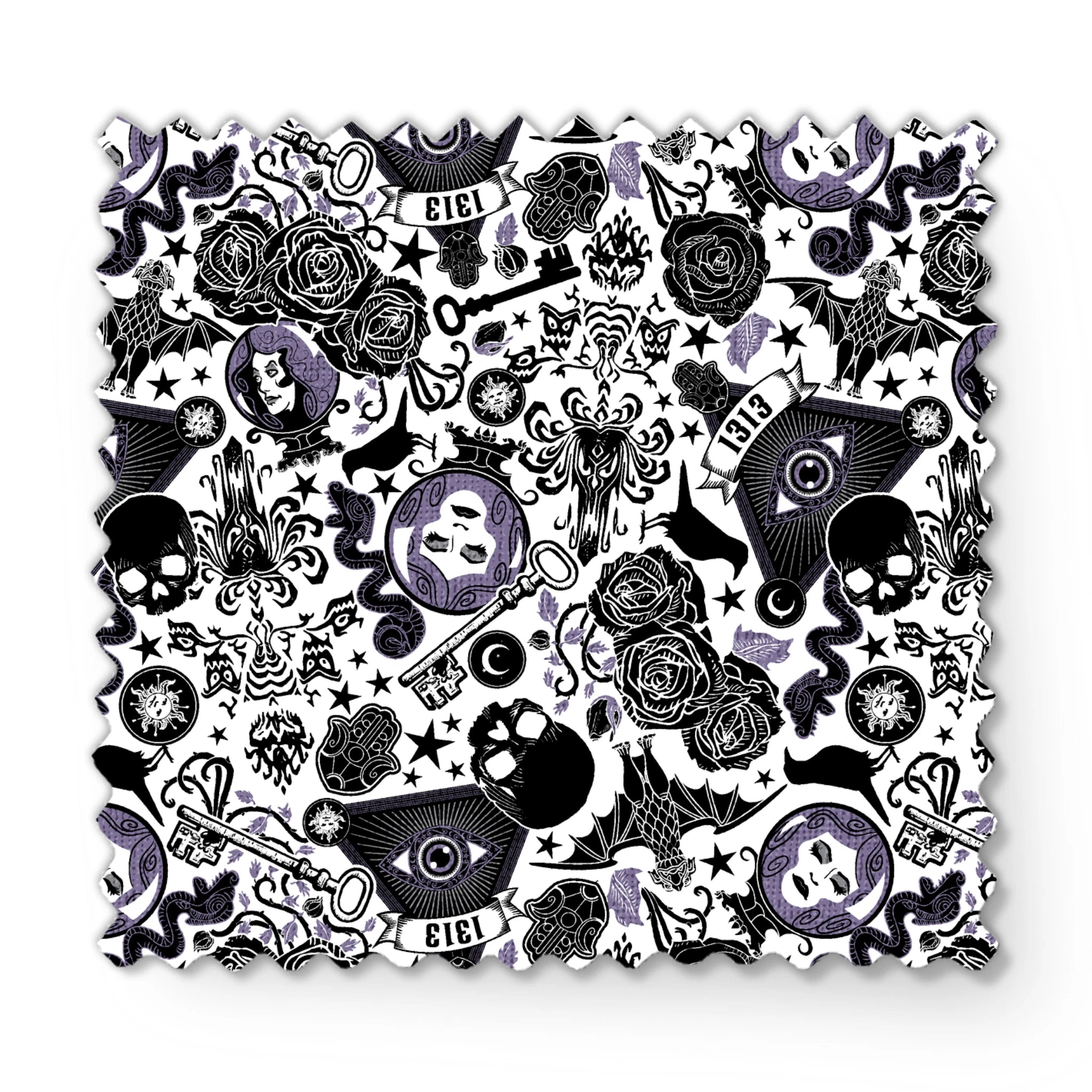 Gothic-inspired pattern with roses, medallions, ravens, and Victorian motifs in black and purple fabric swatch mockup