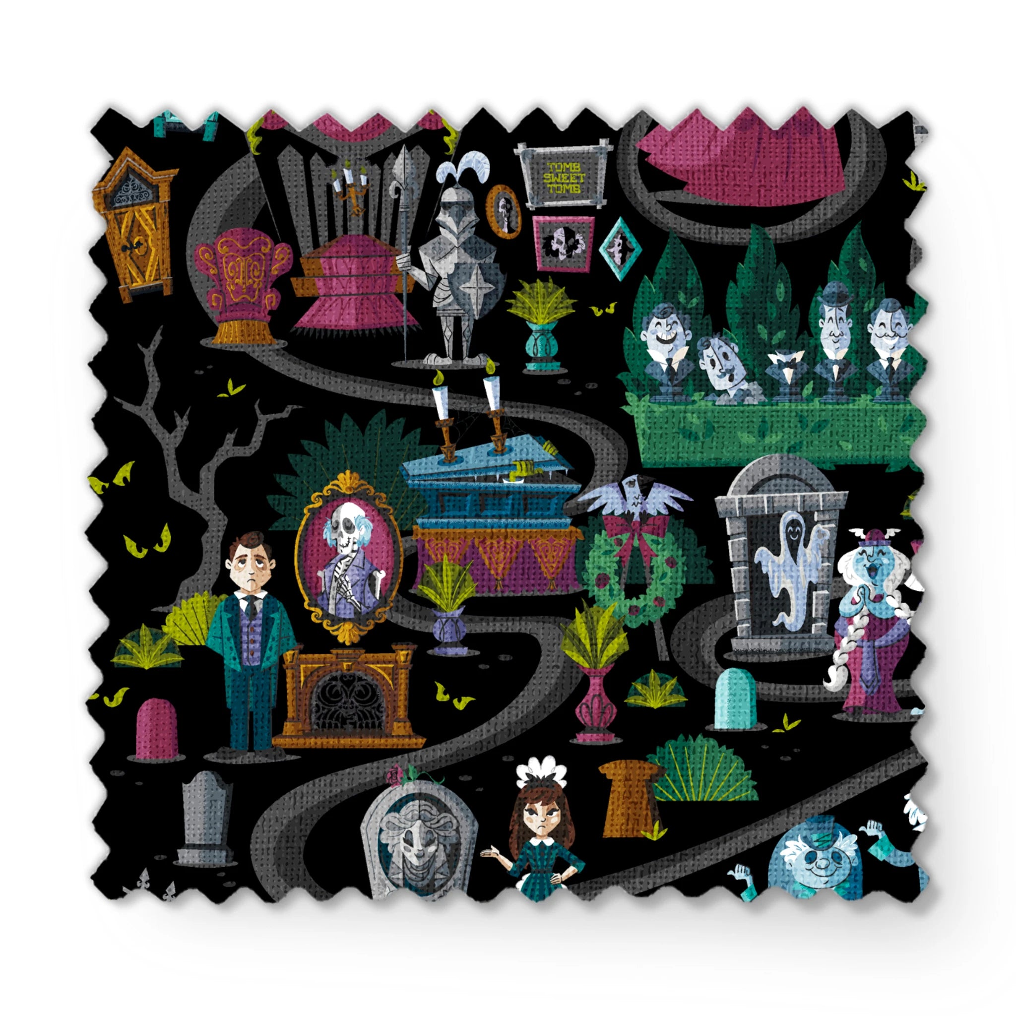 Dark background collage of colorful haunted house elements with ghosts, skeletons, potion bottles, and spooky characters in a whimsical pattern fabric swatch mockup
