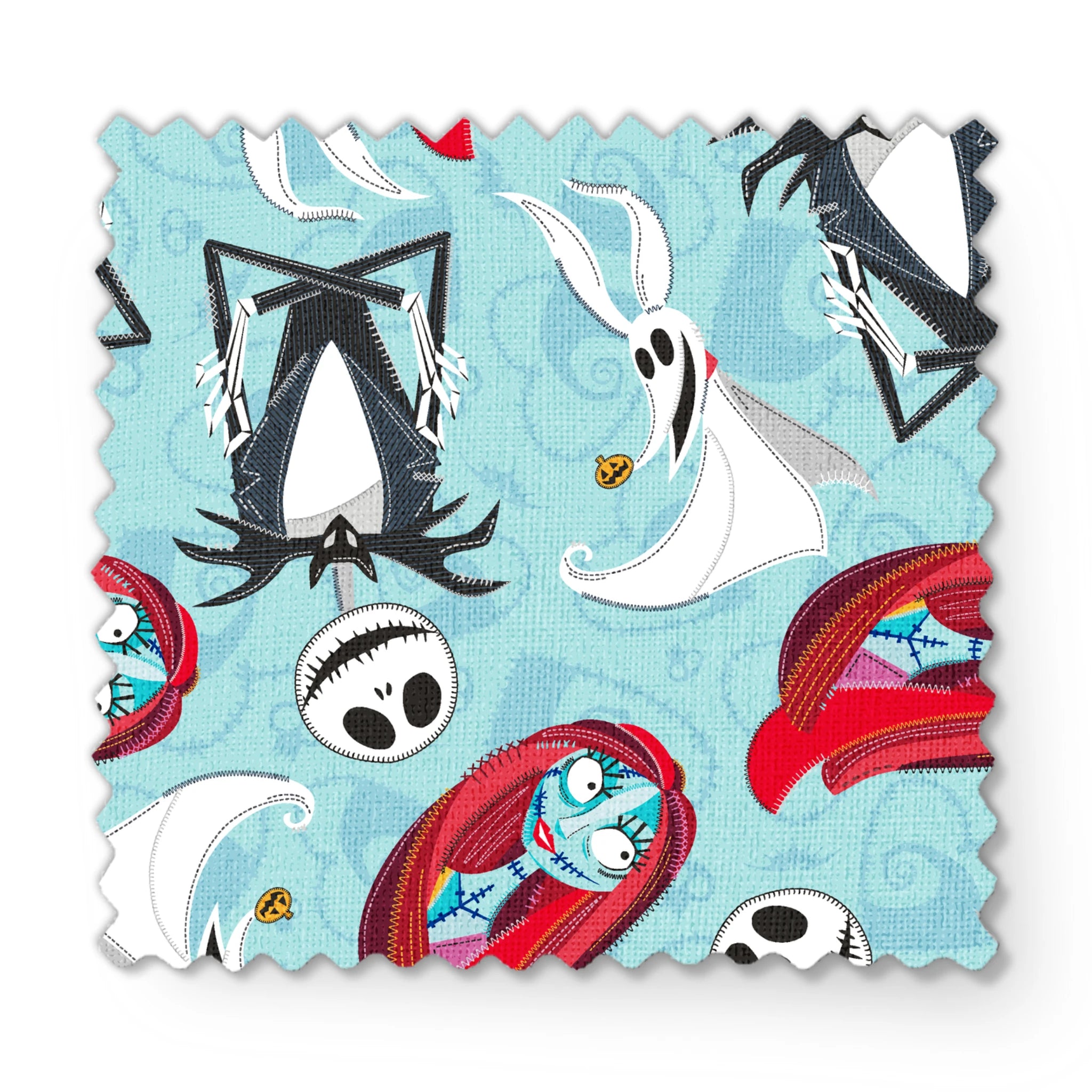 Nightmare Before Christmas pattern with Jack Skellington, Zero ghost dog, and coffin shapes on light blue background fabric swatch mockup