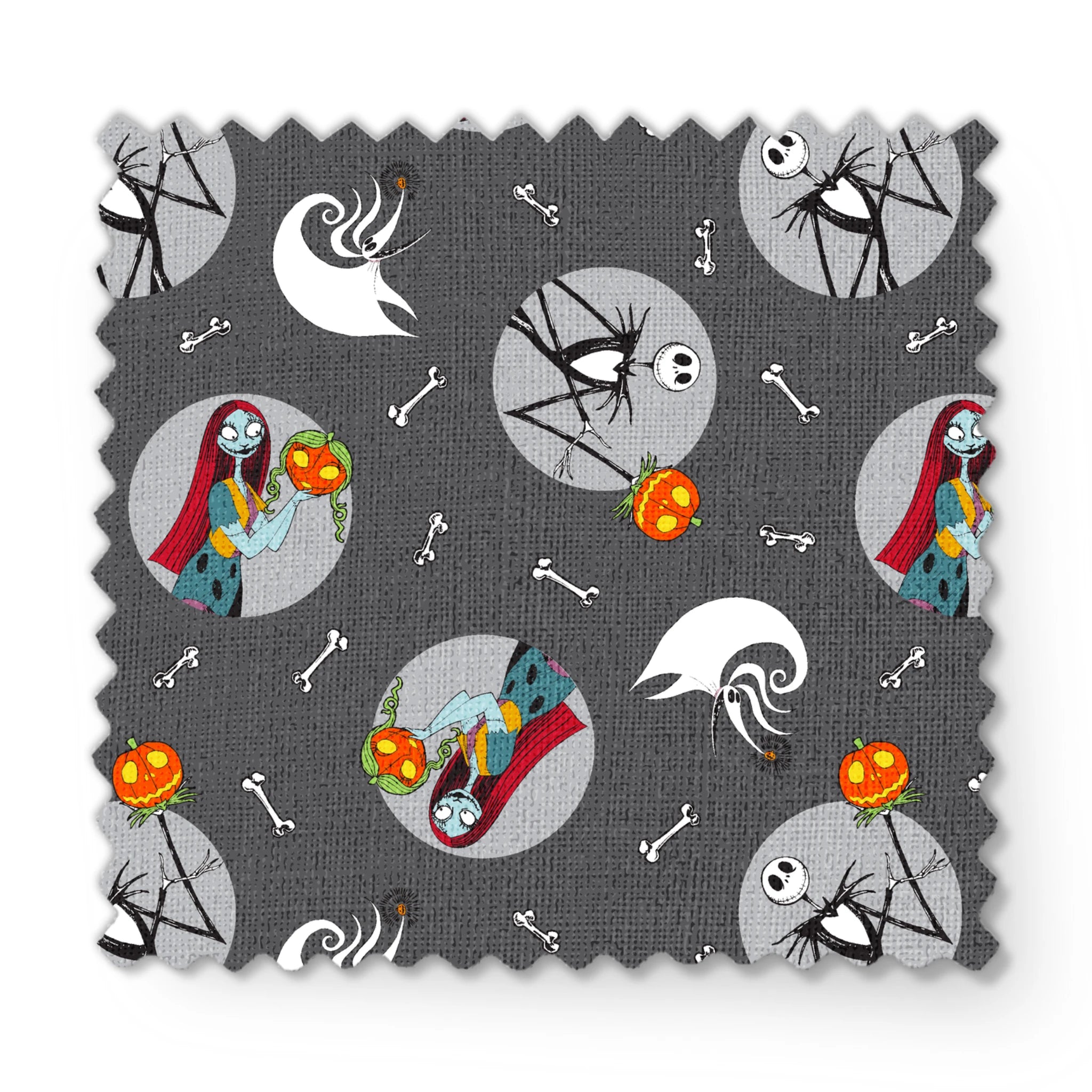 Nightmare Before Christmas themed pattern with Sally and Jack Skellington, pumpkins, bones, and ghostly designs on gray background fabric swatch mockup