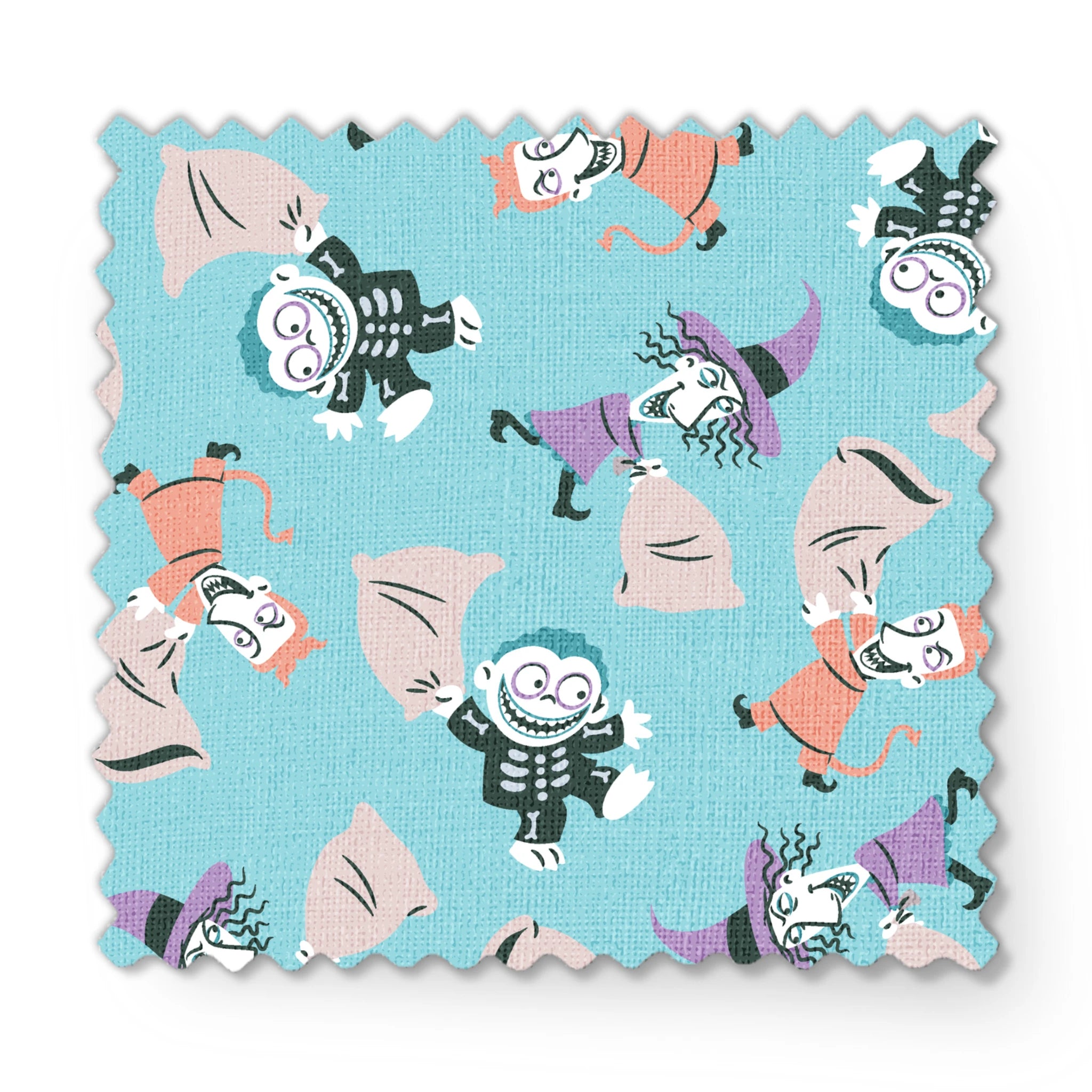 Whimsical pattern of cartoon characters in Halloween costumes on light blue background fabric swatch mockup