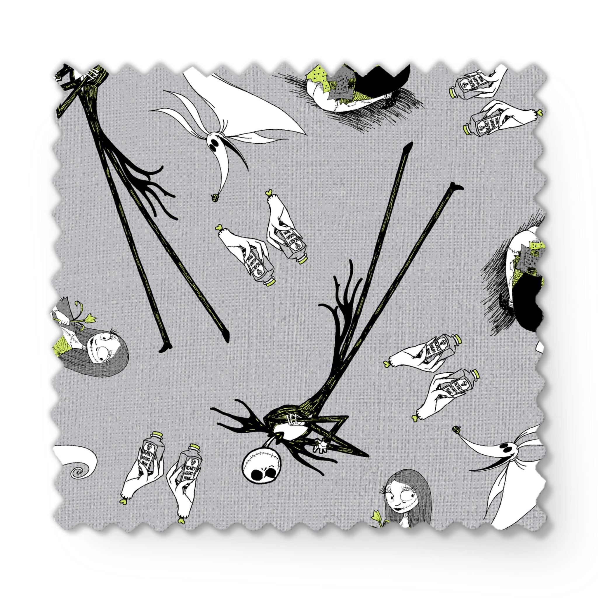 Spooky pattern with stylized ghostly figures, skeletal creatures, and green accents on gray background fabric swatch mockup