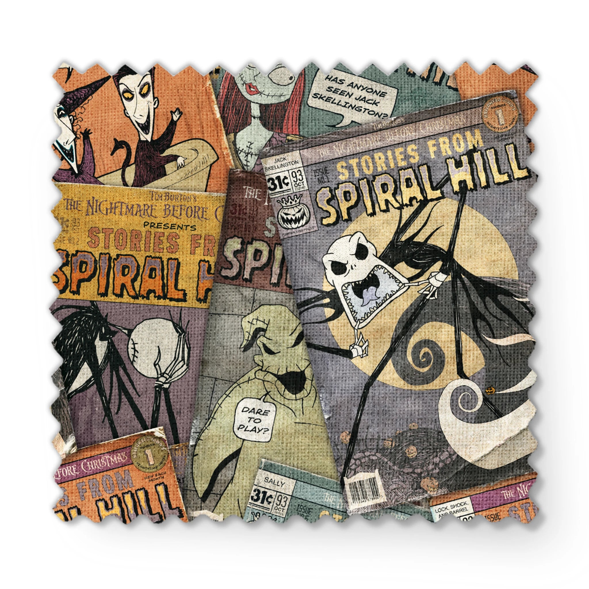 Vintage-style comic books featuring "Stories from Spiral Hill" with spooky skeletal characters on orange and gray covers fabric swatch mockup