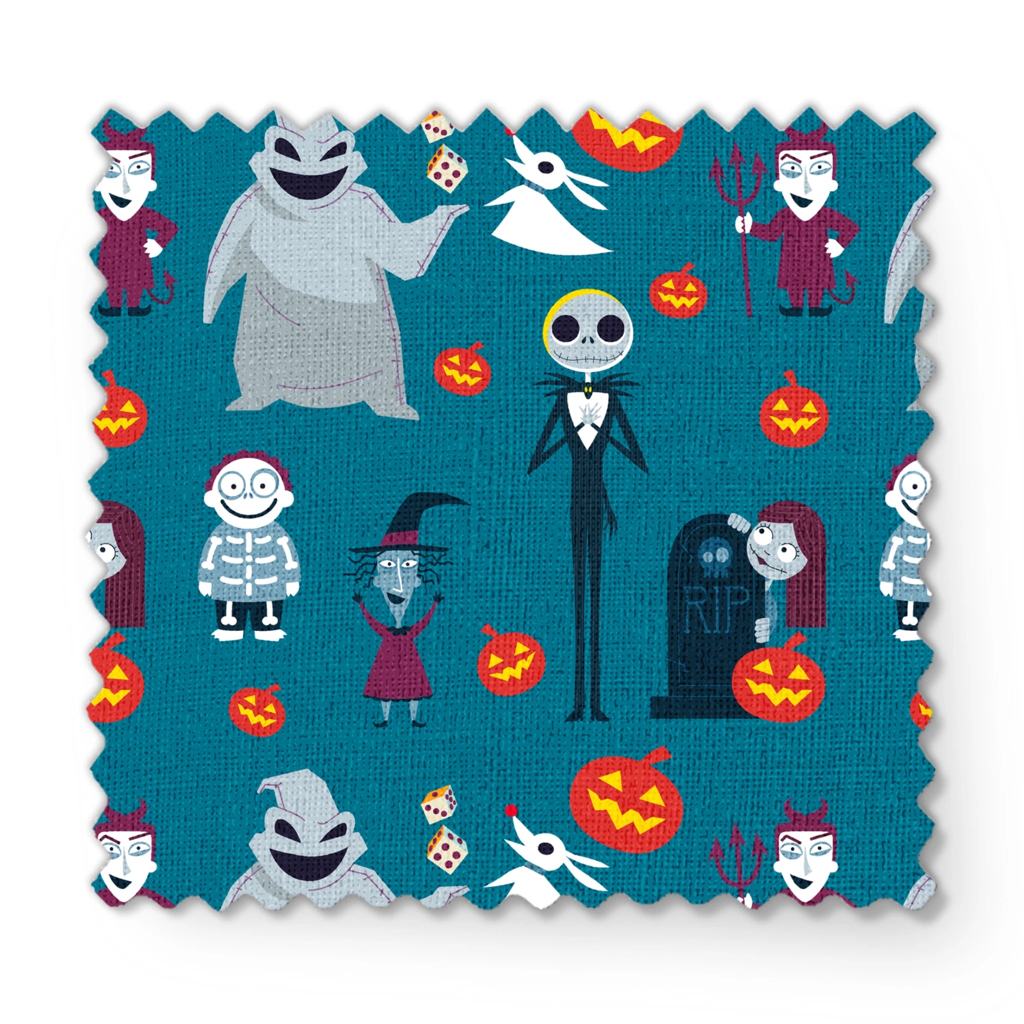 Halloween characters pattern with ghost, skeleton, witch, and pumpkins on teal background in cartoon style fabric swatch mockup