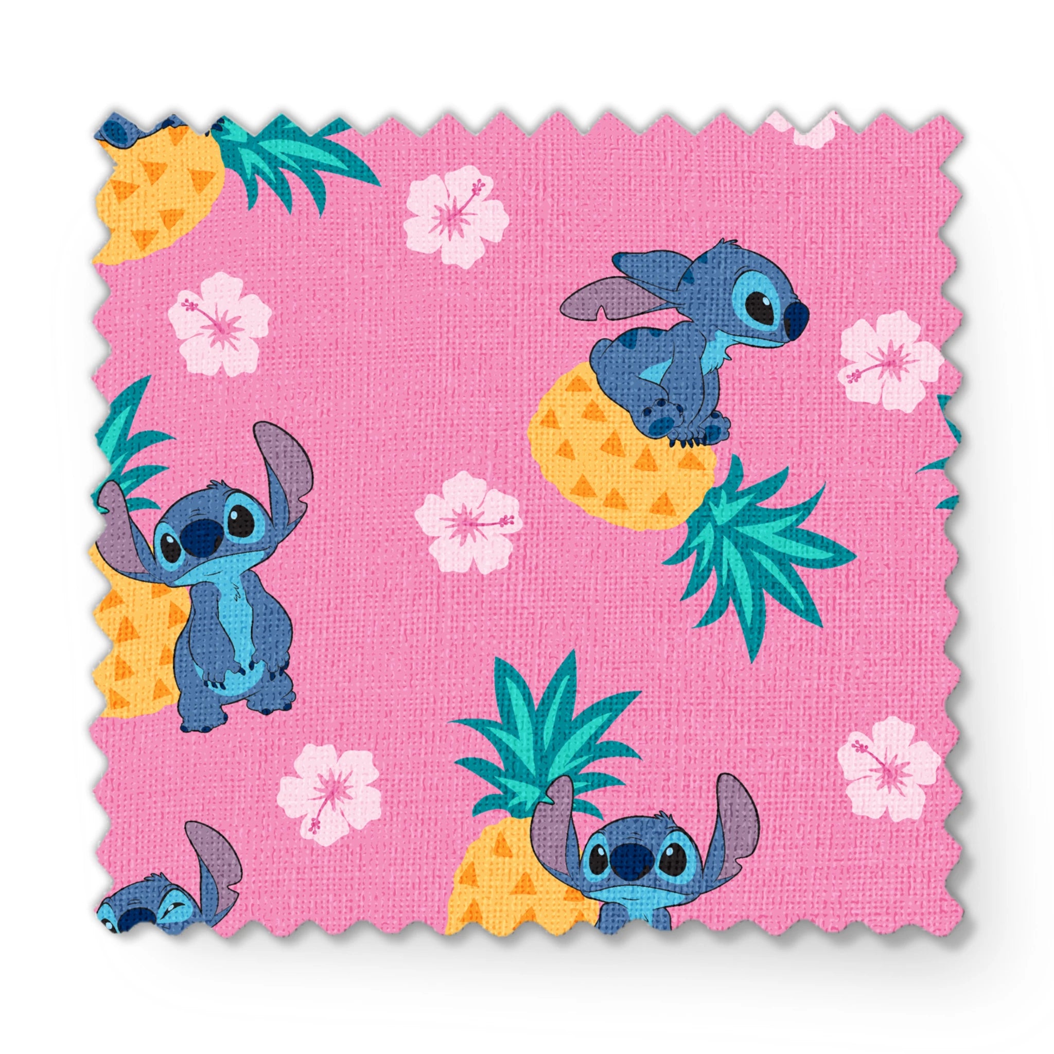 Stitch characters with pineapples and white hibiscus flowers on pink background pattern fabric swatch mockup