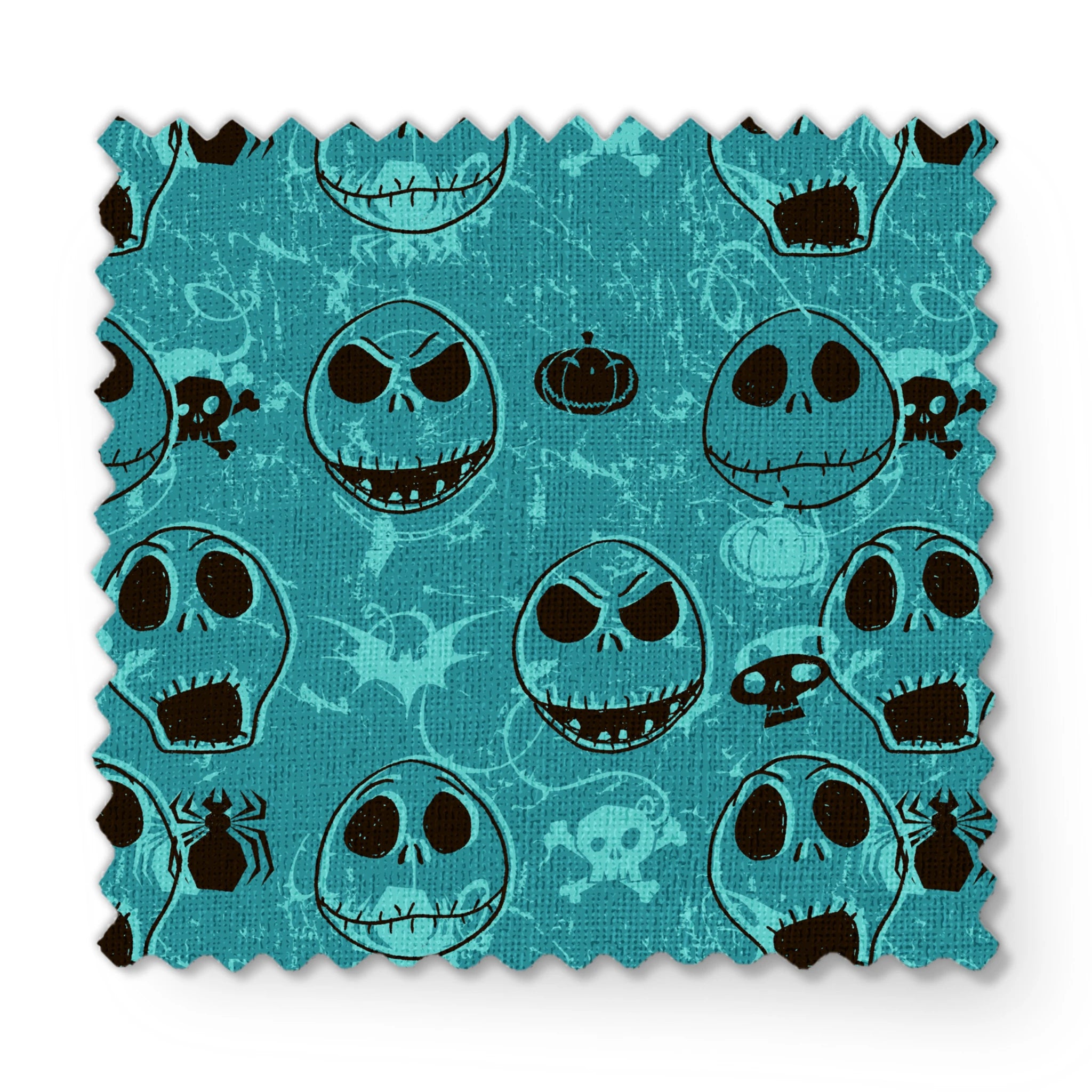 Teal pattern of cartoon skull faces with different expressions, Halloween elements like pumpkins and spiders fabric swatch mockup
