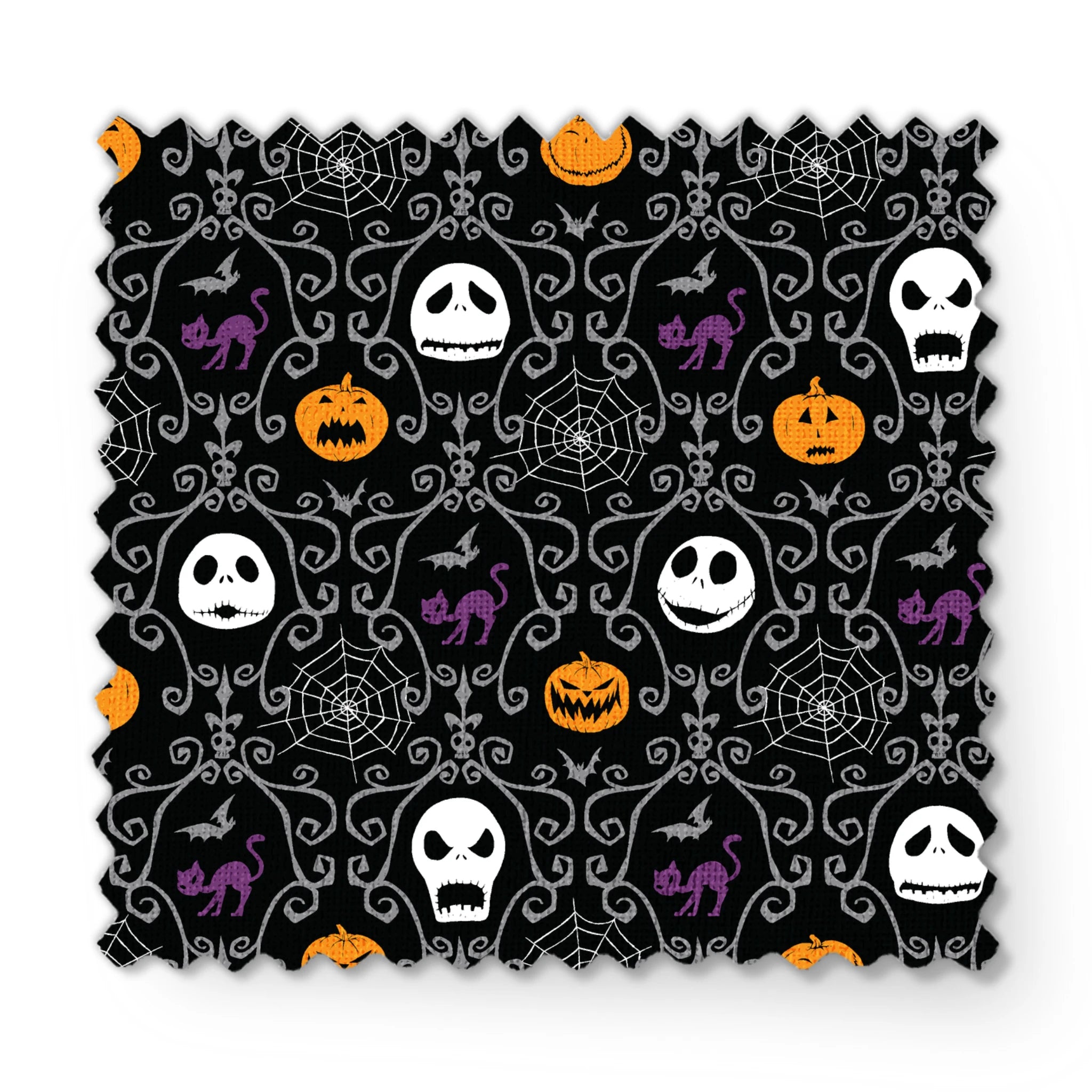 Nightmare Before Christmas pattern with skulls, pumpkins, bats and ornate swirls on black background fabric swatch mockup