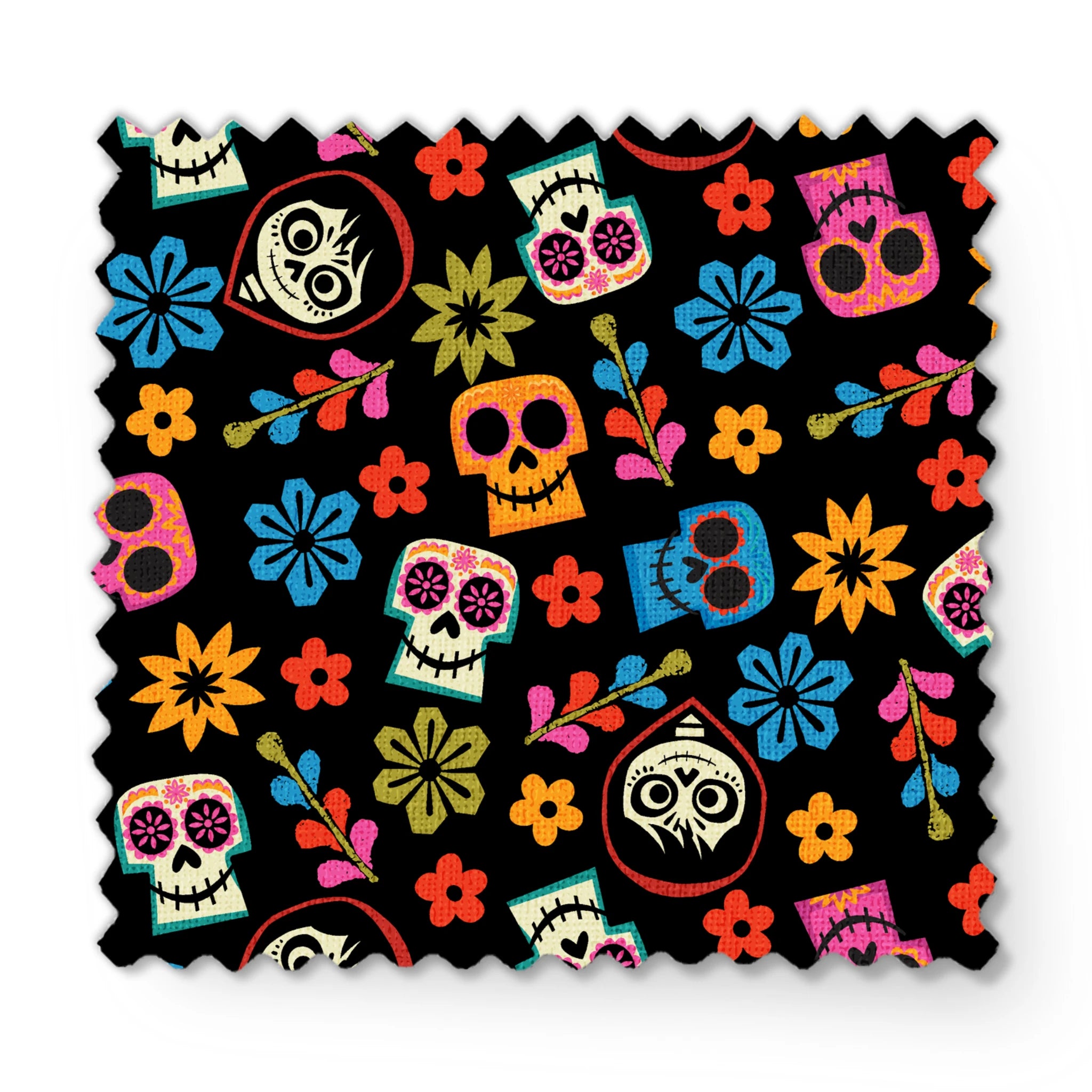 Colorful Coco sugar skull pattern with floral designs on black background for Day of the Dead fabric swatch mockup