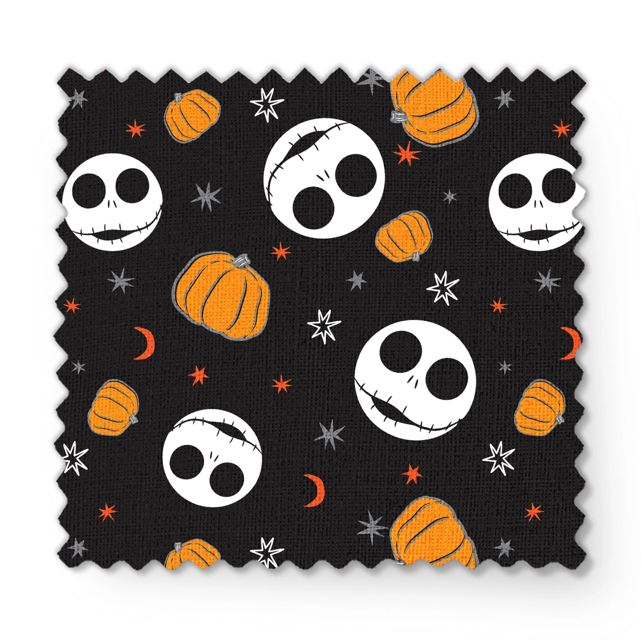 Halloween pattern with Nightmare Before Christmas characters, orange pumpkins, stars and crescent moons on black background fabric swatch mockup