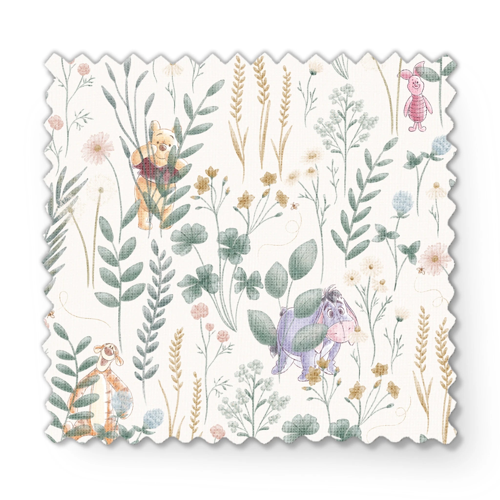 Whimsical botanical pattern with colorful teddy bears and creatures among green plants and flowers fabric swatch mockup