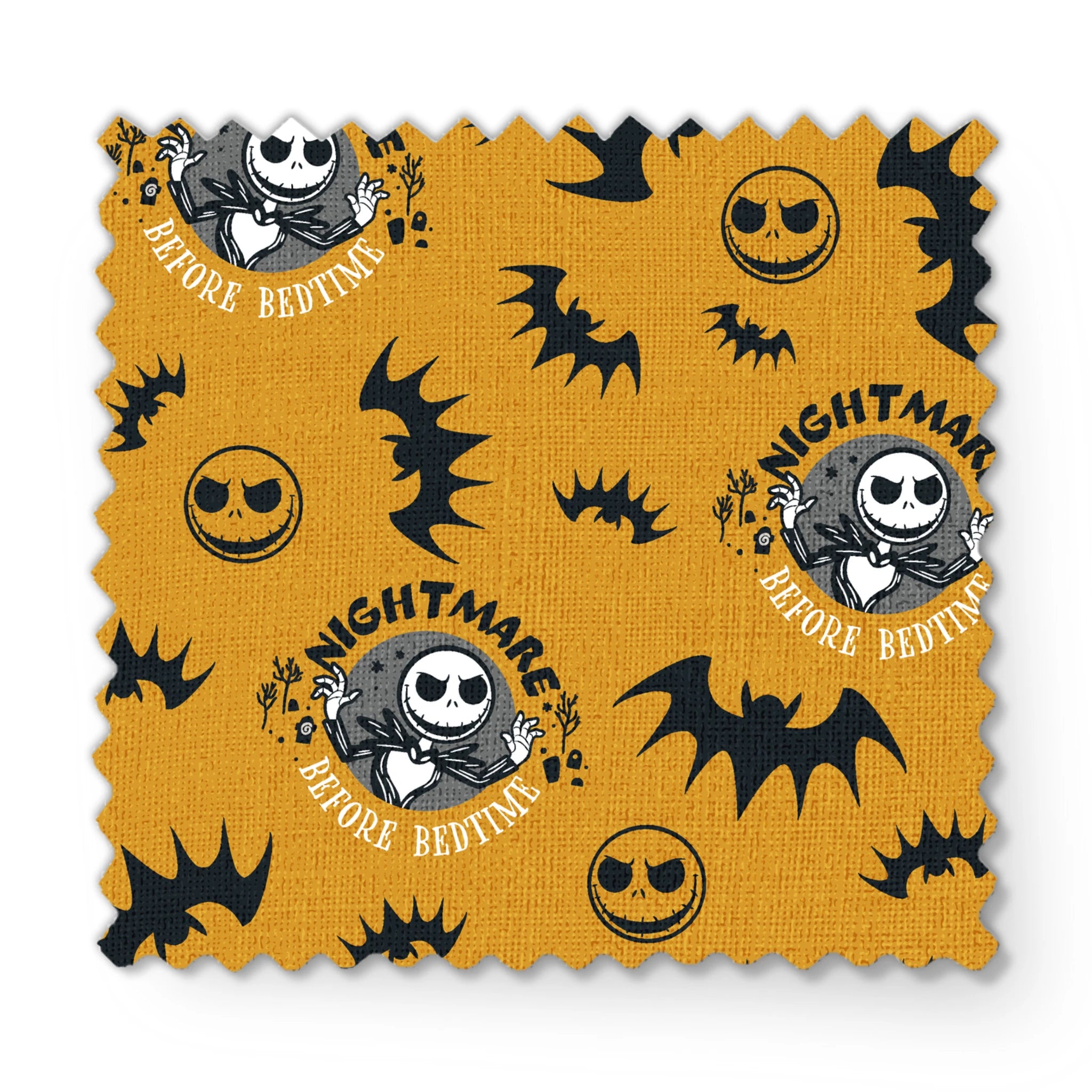 Halloween pattern with skeletal figure, "Nightmare" text, yellow background, black bats and smiling faces fabric swatch mockup
