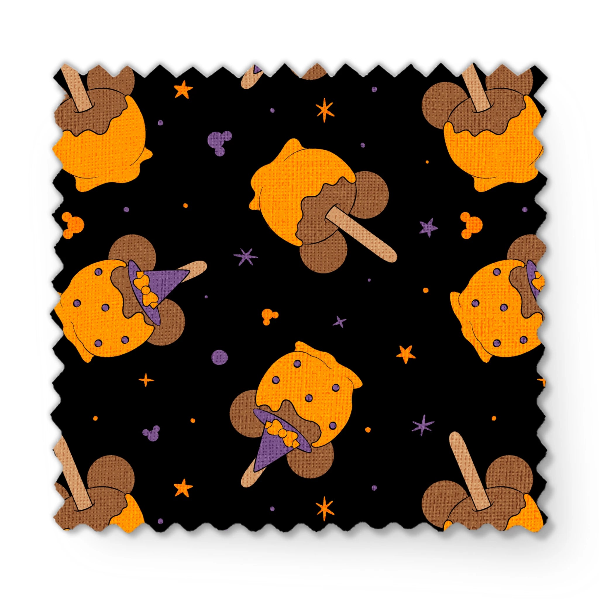 Disney-inspired caramel apples and candy apples floating in a space-like black background with purple stars. fabric swatch mockup
