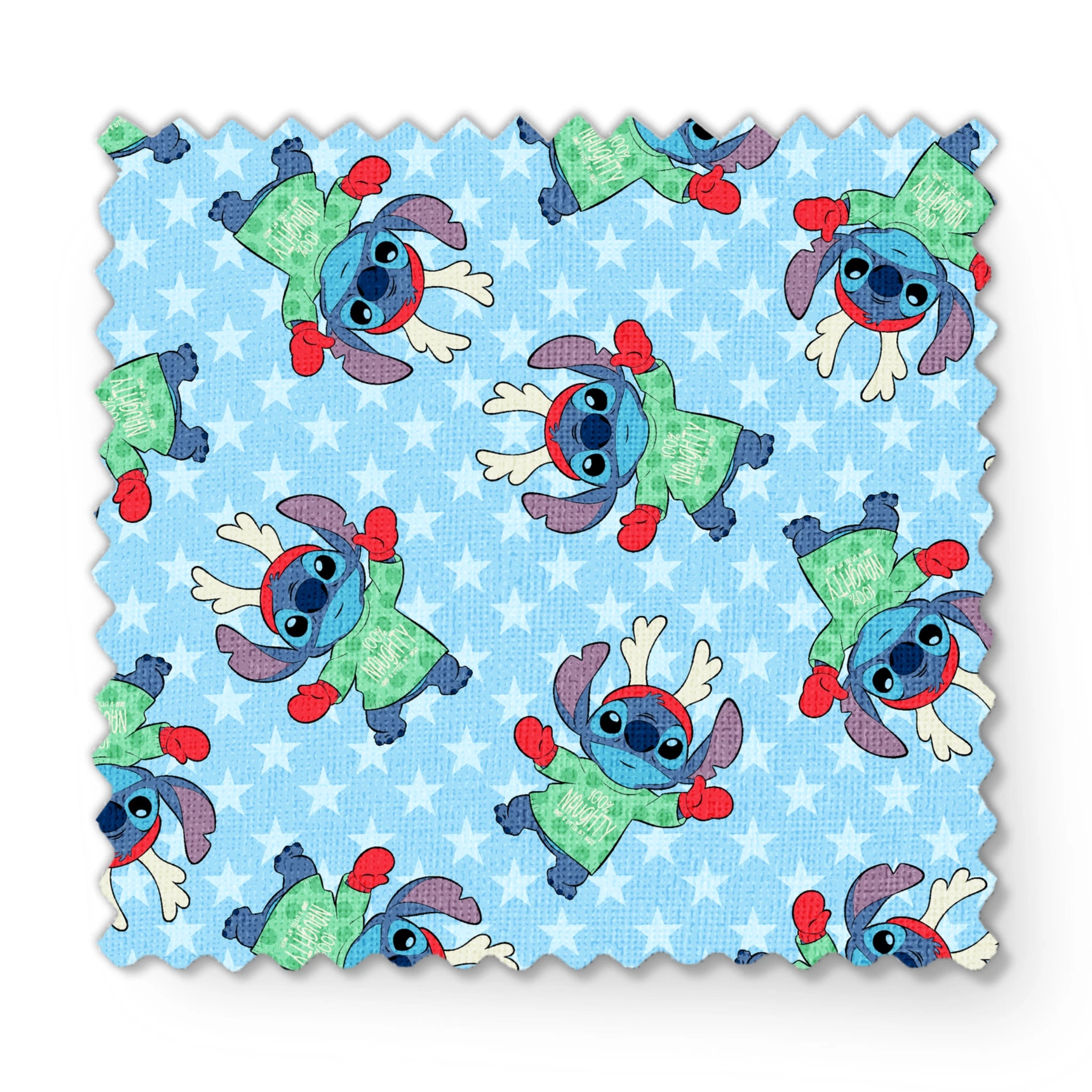 A repeating pattern of Disney's Stitch in holiday outfits with Christmas trees on light blue snowflake background. fabric swatch mockup