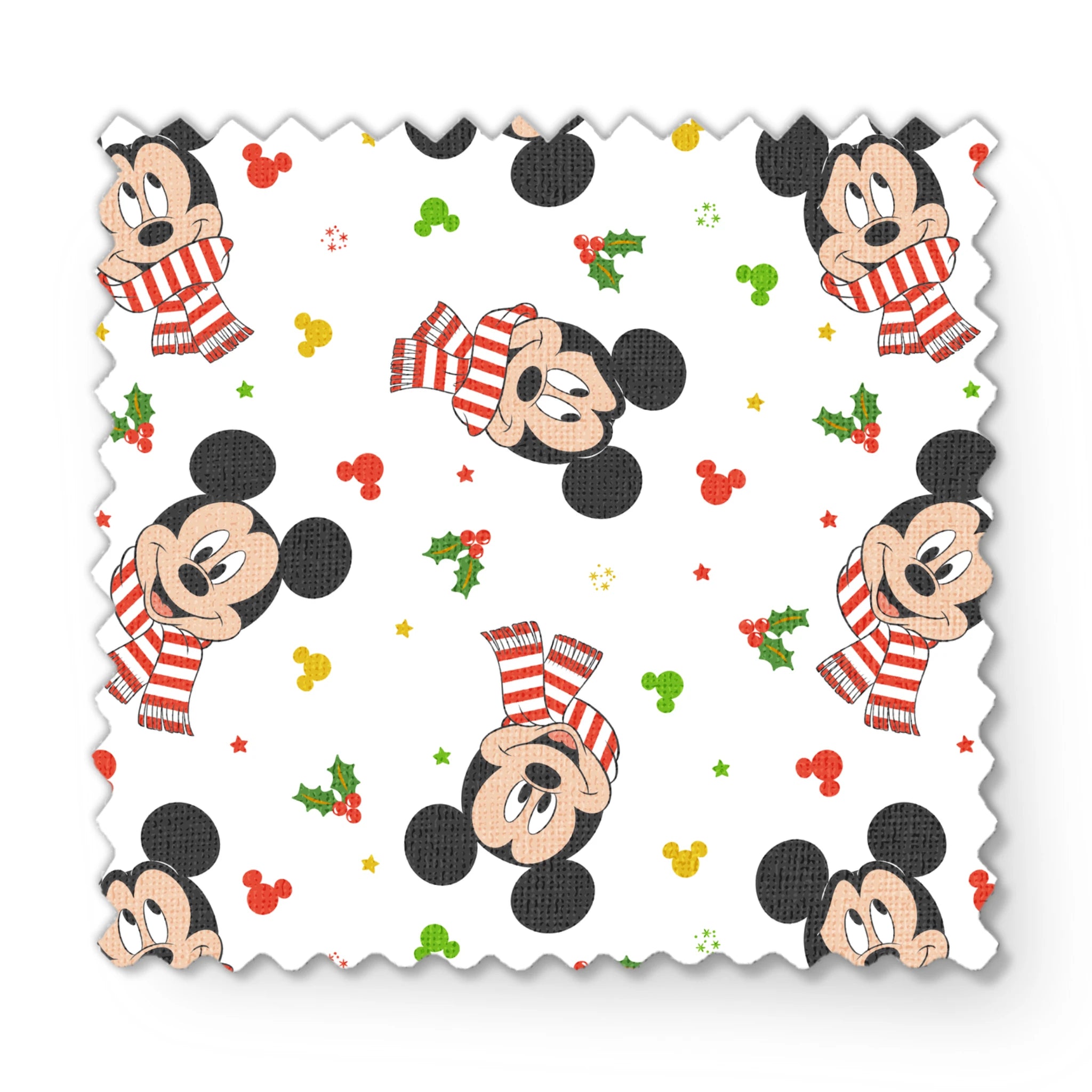 Mickey Mouse wearing red striped scarves, surrounded by holly and colorful icons on white background fabric swatch mockup