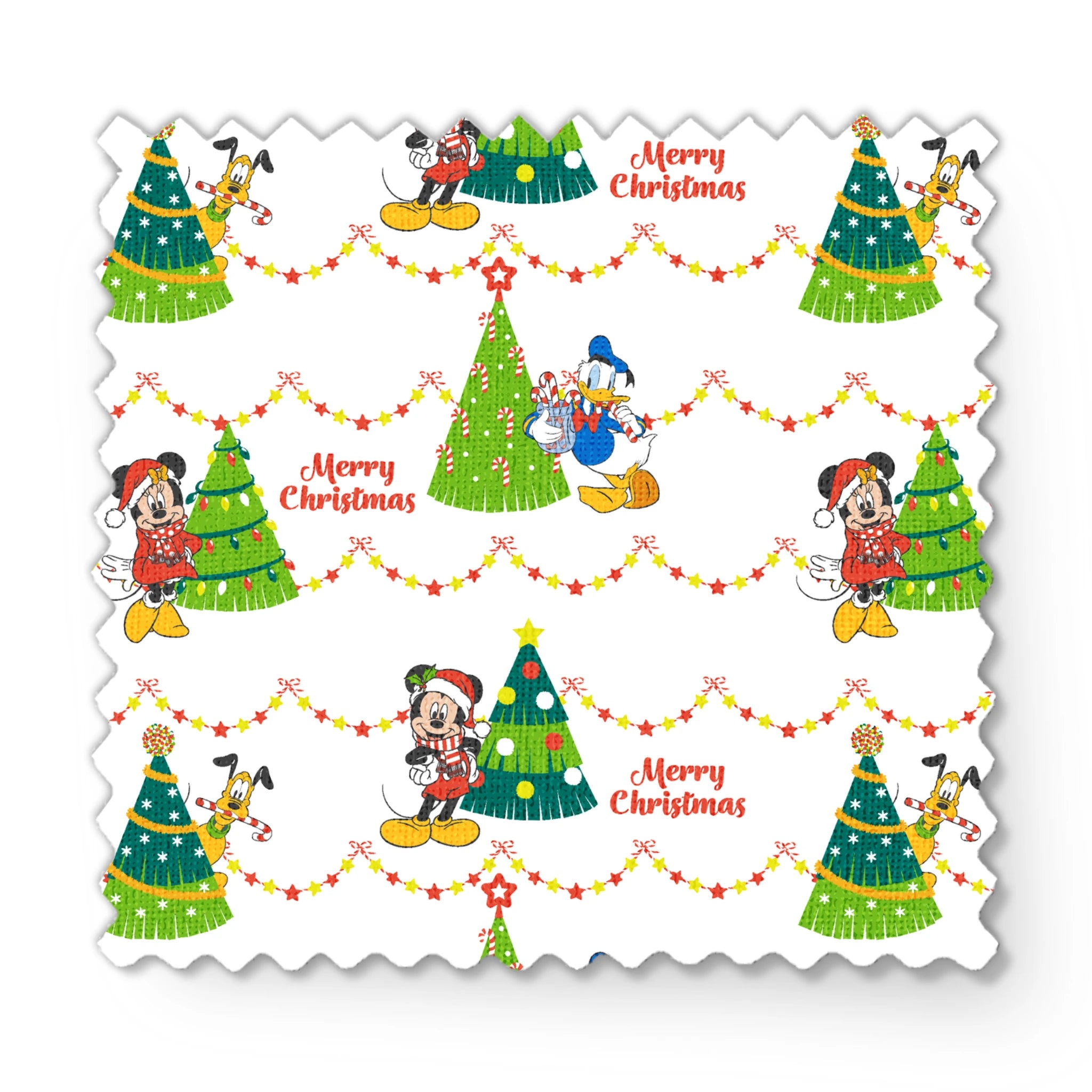 Disney Christmas pattern with Mickey, Minnie, and Donald beside decorated trees with star garland borders fabric swatch mockup