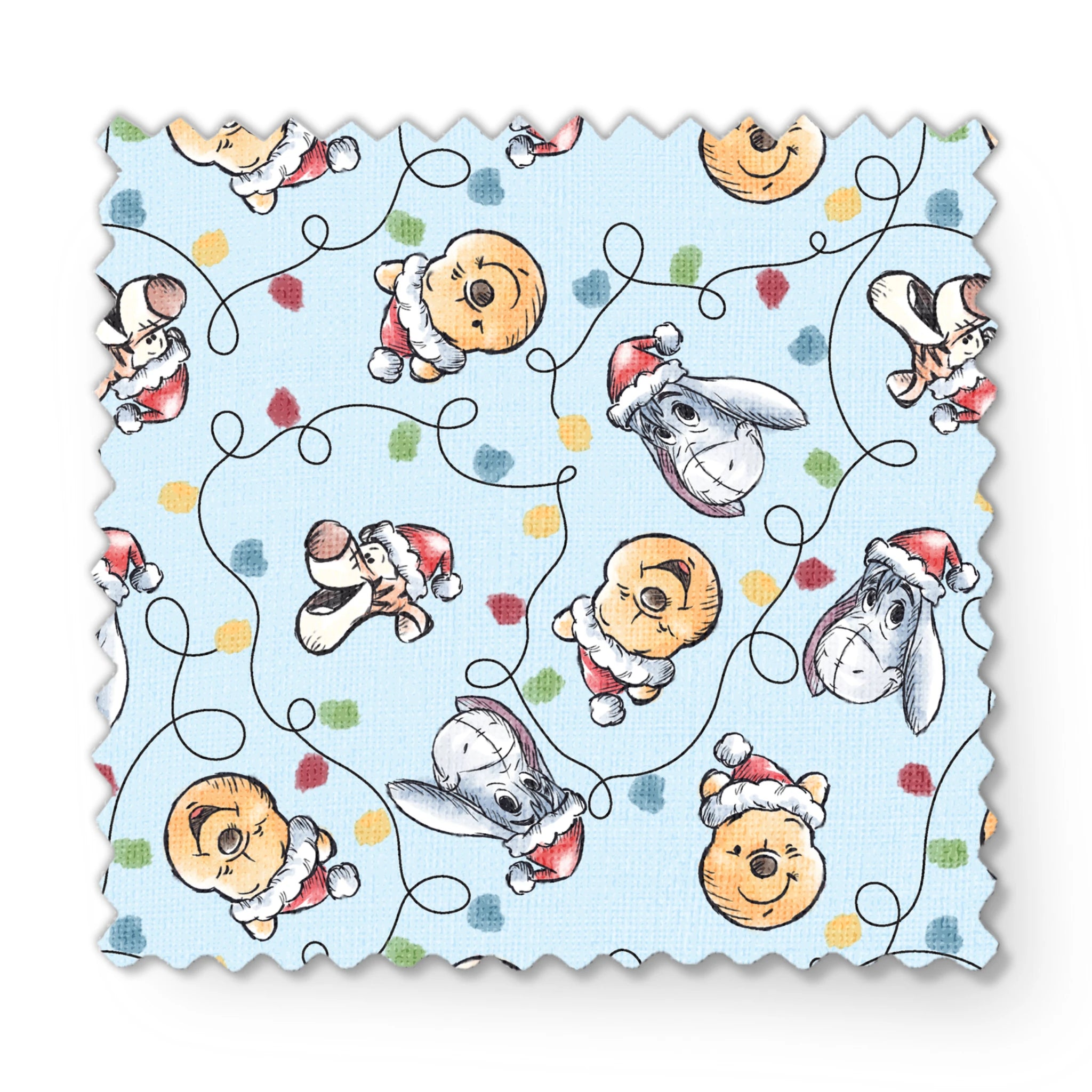 Winnie the Pooh Christmas pattern with Pooh bear, Eeyore, and Tigger in Santa hats on blue background fabric swatch mockup