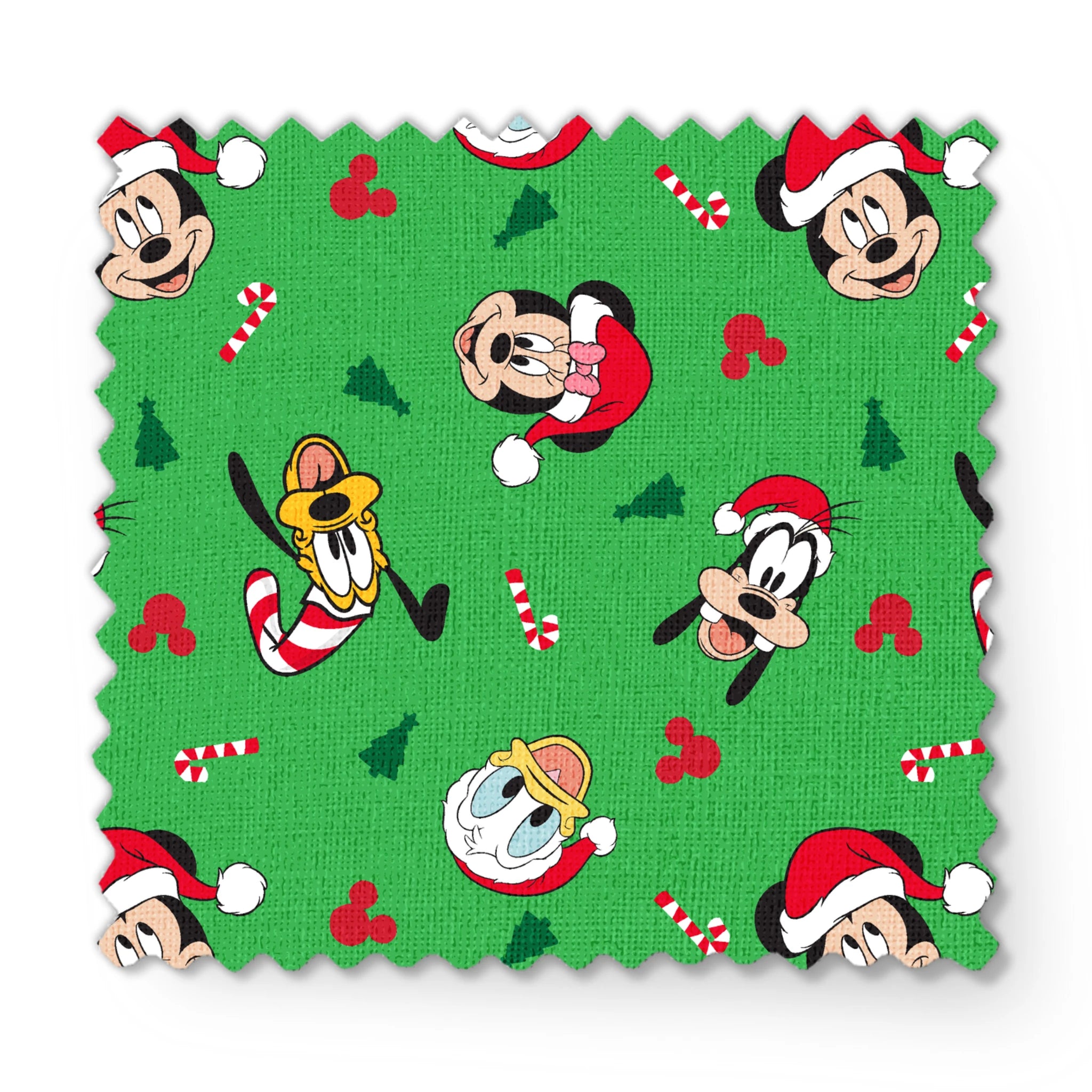 Disney Mickey Mouse characters in Santa hats on green background with candy canes and Christmas trees fabric swatch mockup