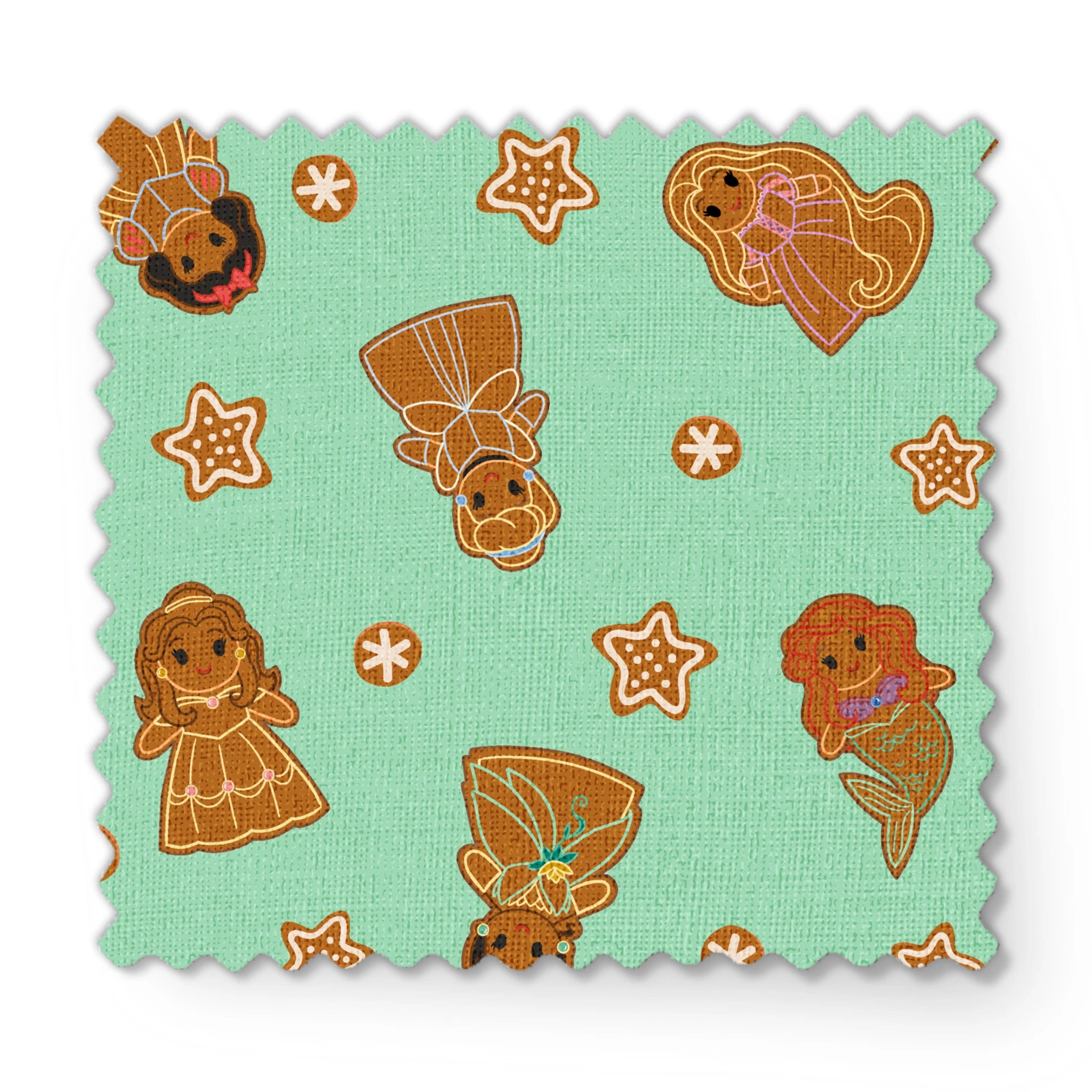 Disney Princess gingerbread cookies with star and snowflake designs on mint green background fabric swatch mockup