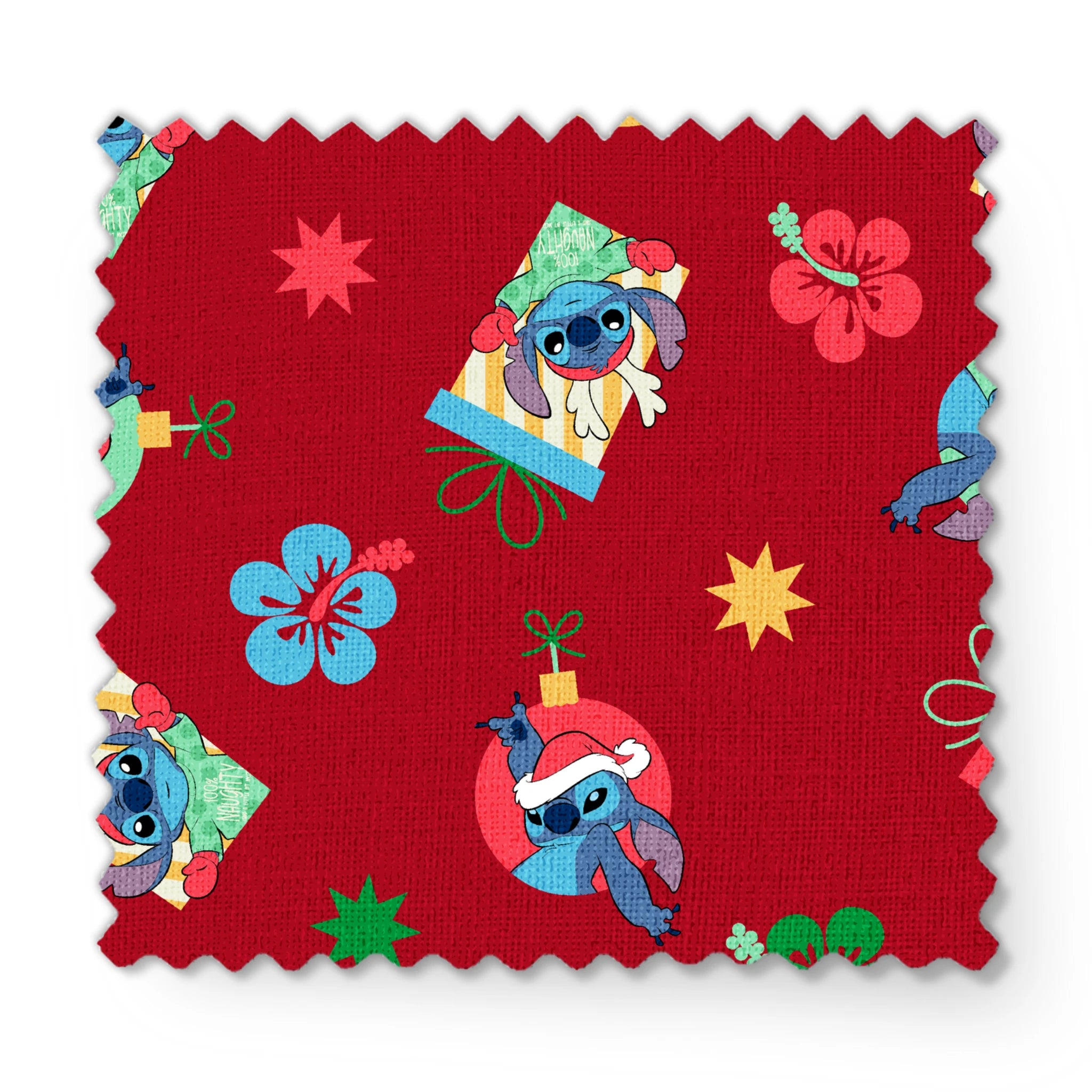 Disney Stitch pattern on red background with flowers and decorative elements fabric swatch mockup