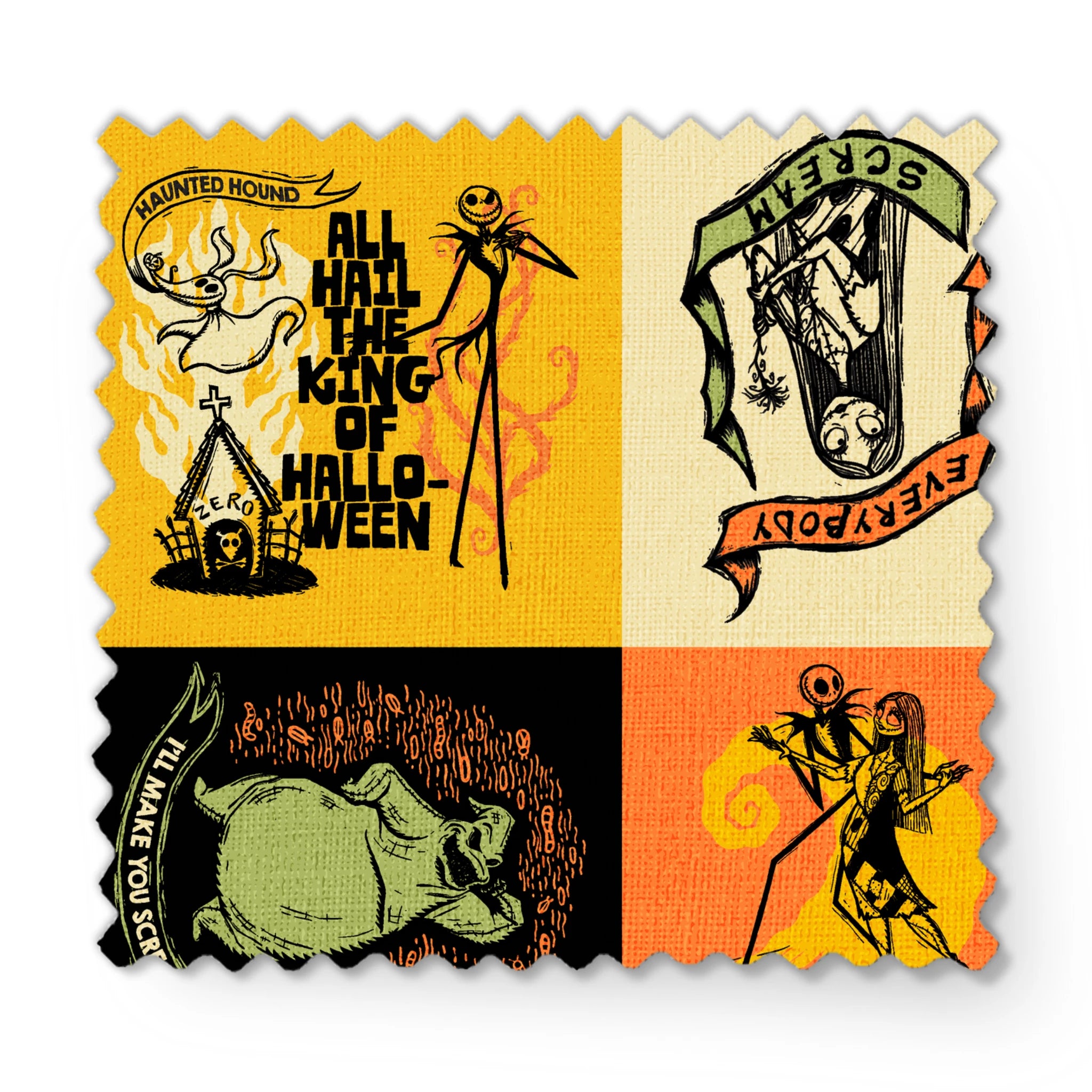 Four stylized Nightmare Before Christmas illustrations in a grid with yellow, green, and orange backgrounds featuring  a haunted house and gothic imagery. fabric swatch mockup