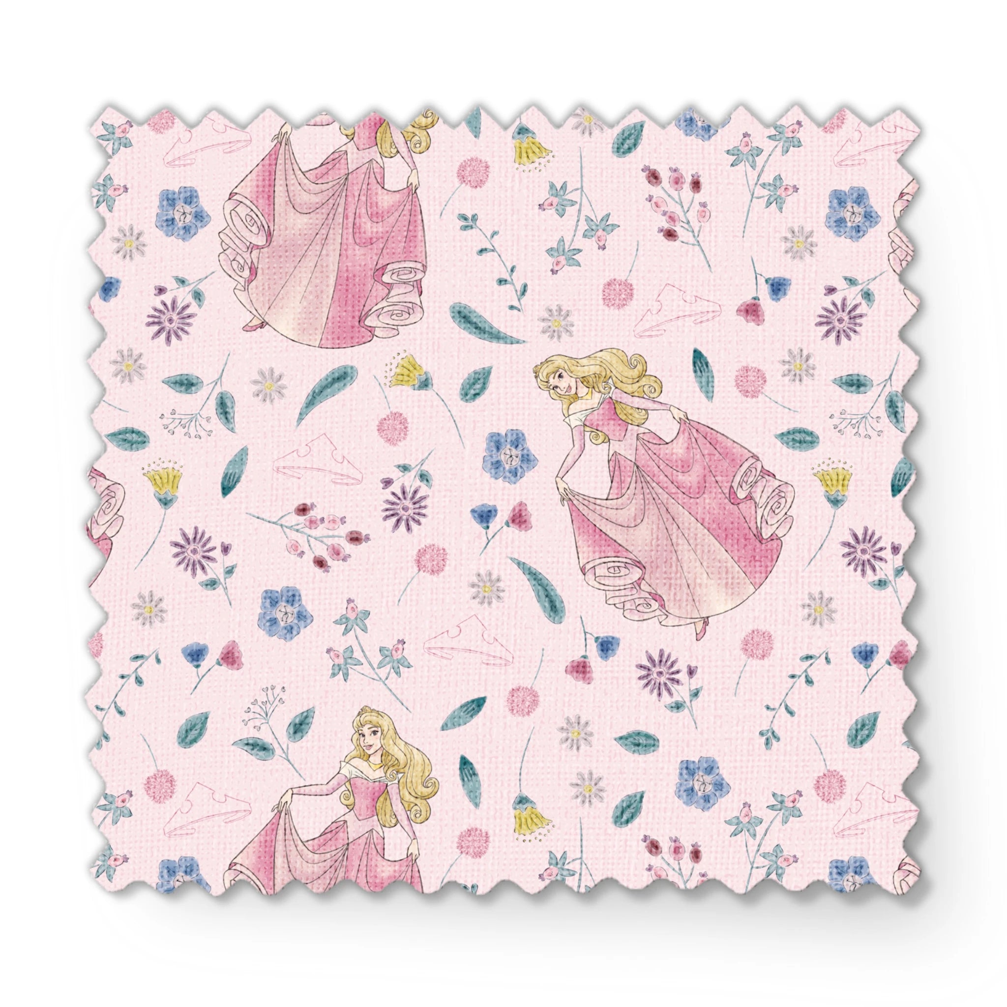 Disney's Sleeping Beauty surrounded by scattered flowers and leaves on light pink background fabric swatch mockup