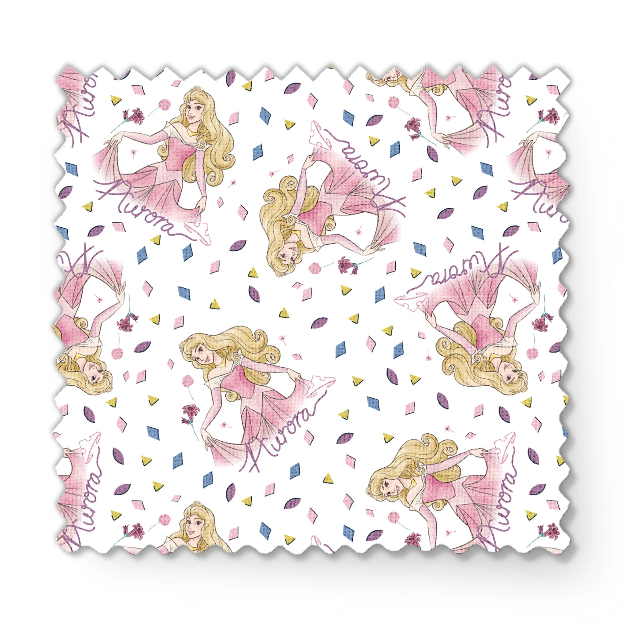 Pattern of Sleeping Beauty, surrounded by colorful diamond shapes on white background fabric swatch mockup