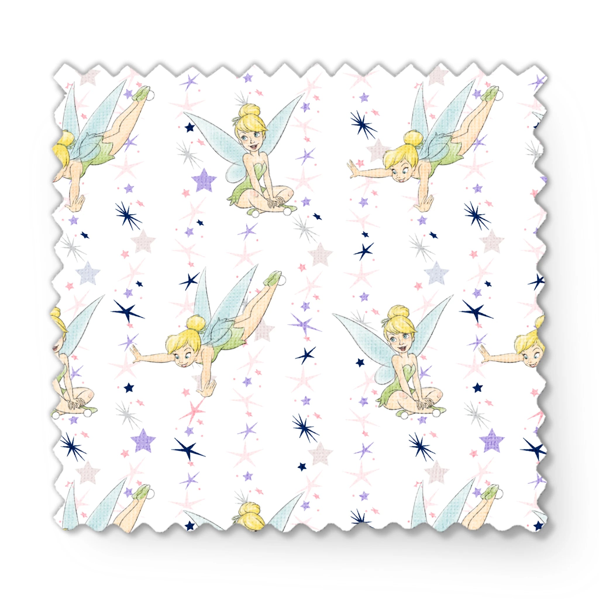 Whimsical Tinker Bell in green dresses surrounded by stars fabric swatch mockup