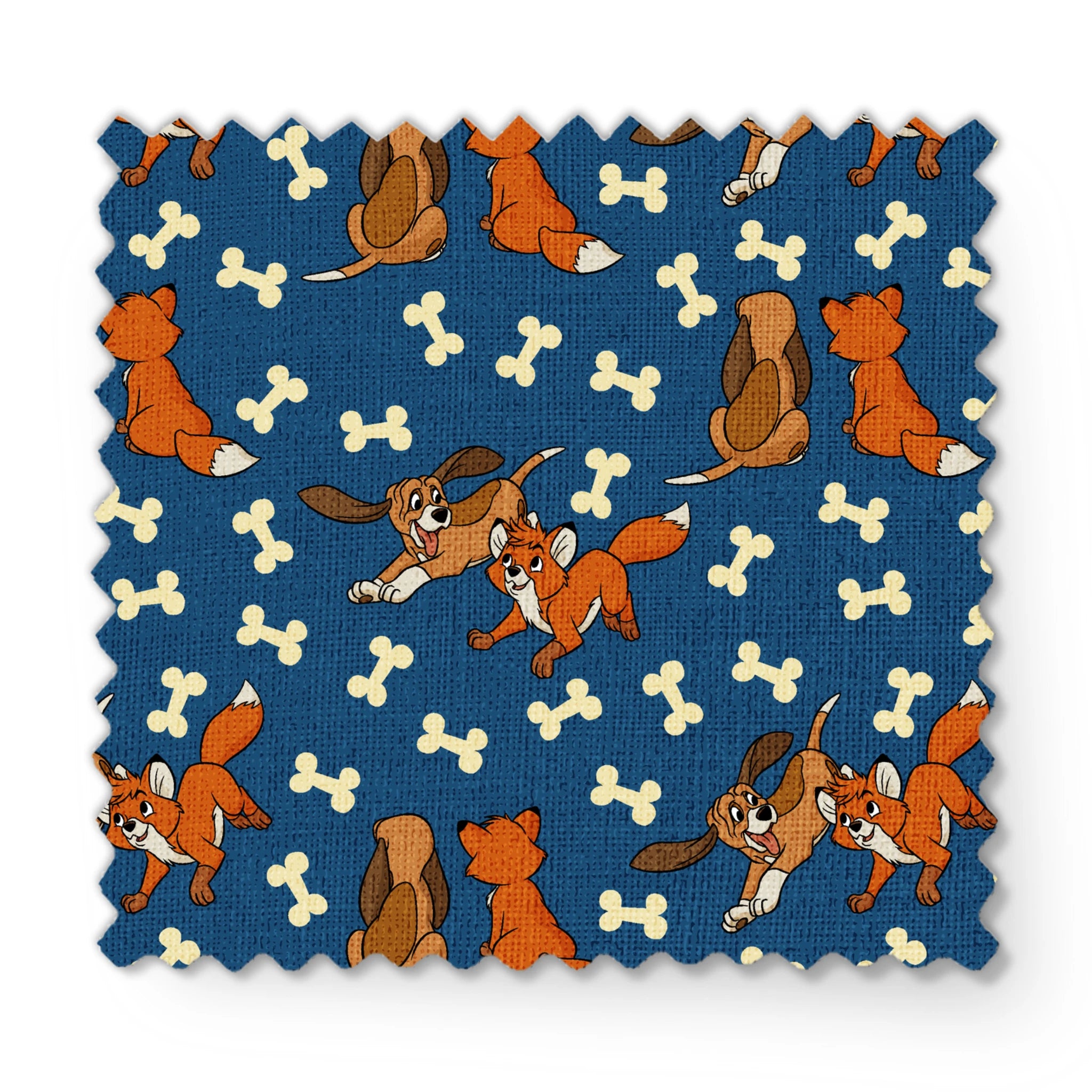 Fox and the Hound characters playing against blue background with scattered bone pattern fabric swatch mockup