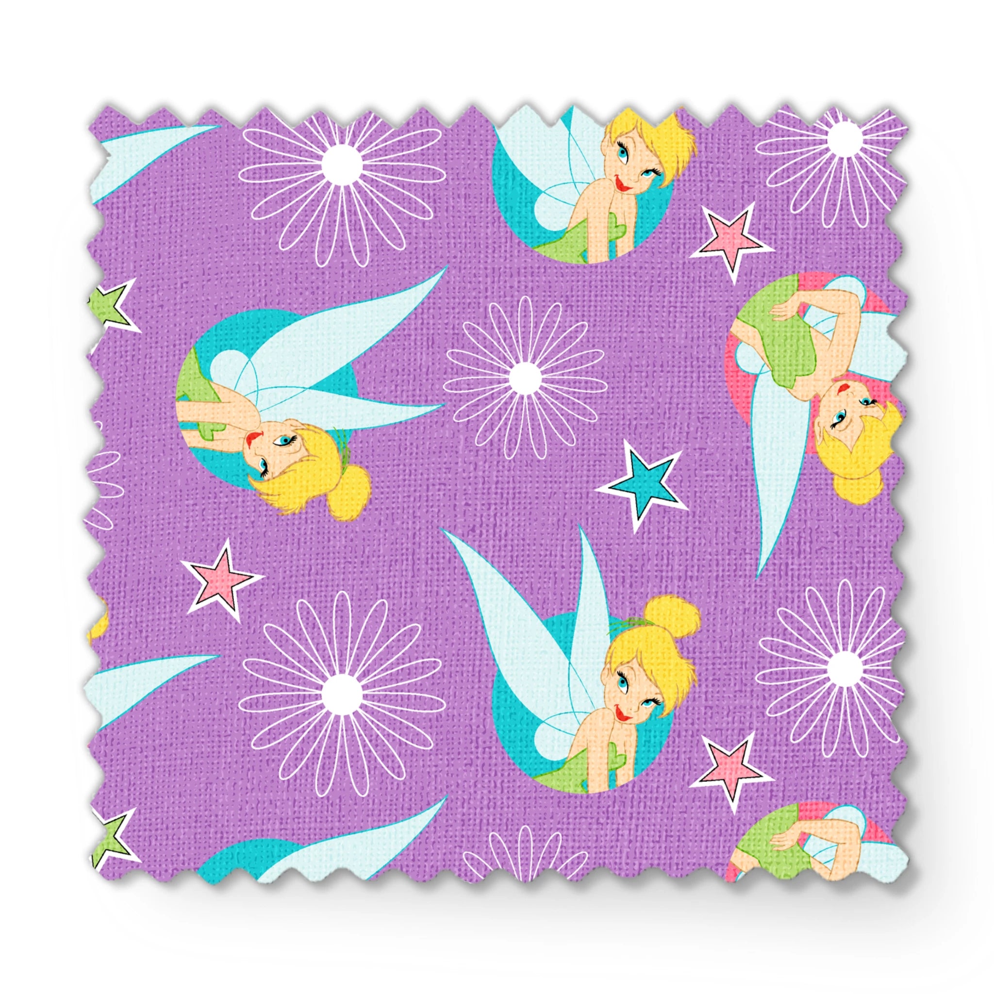 Tinker Bell on a purple background with white daisy flowers and colorful stars. fabric swatch mockup