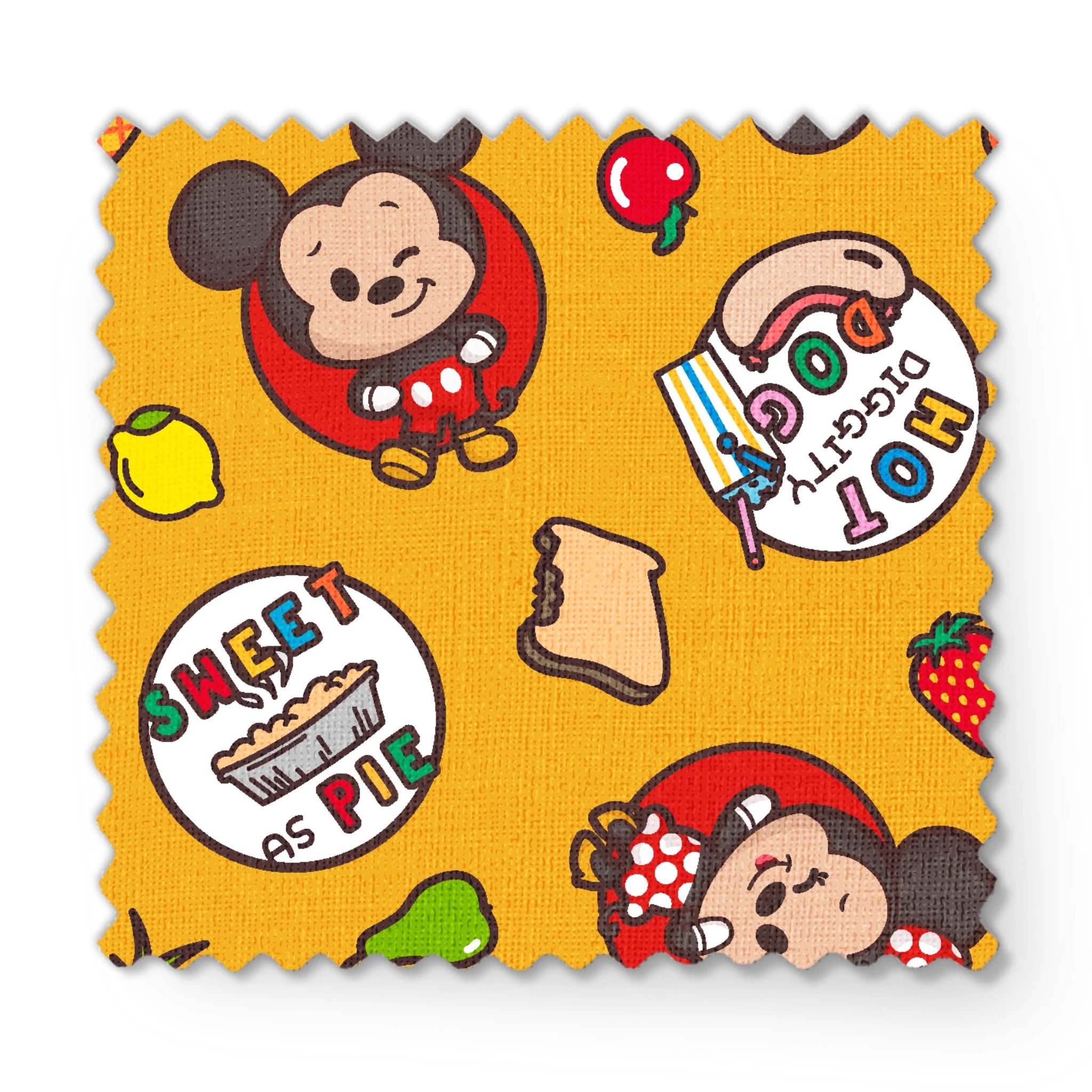 Mickey & Minnie Mouse with round badges on yellow background with fruit icons and toast patterns fabric swatch mockup