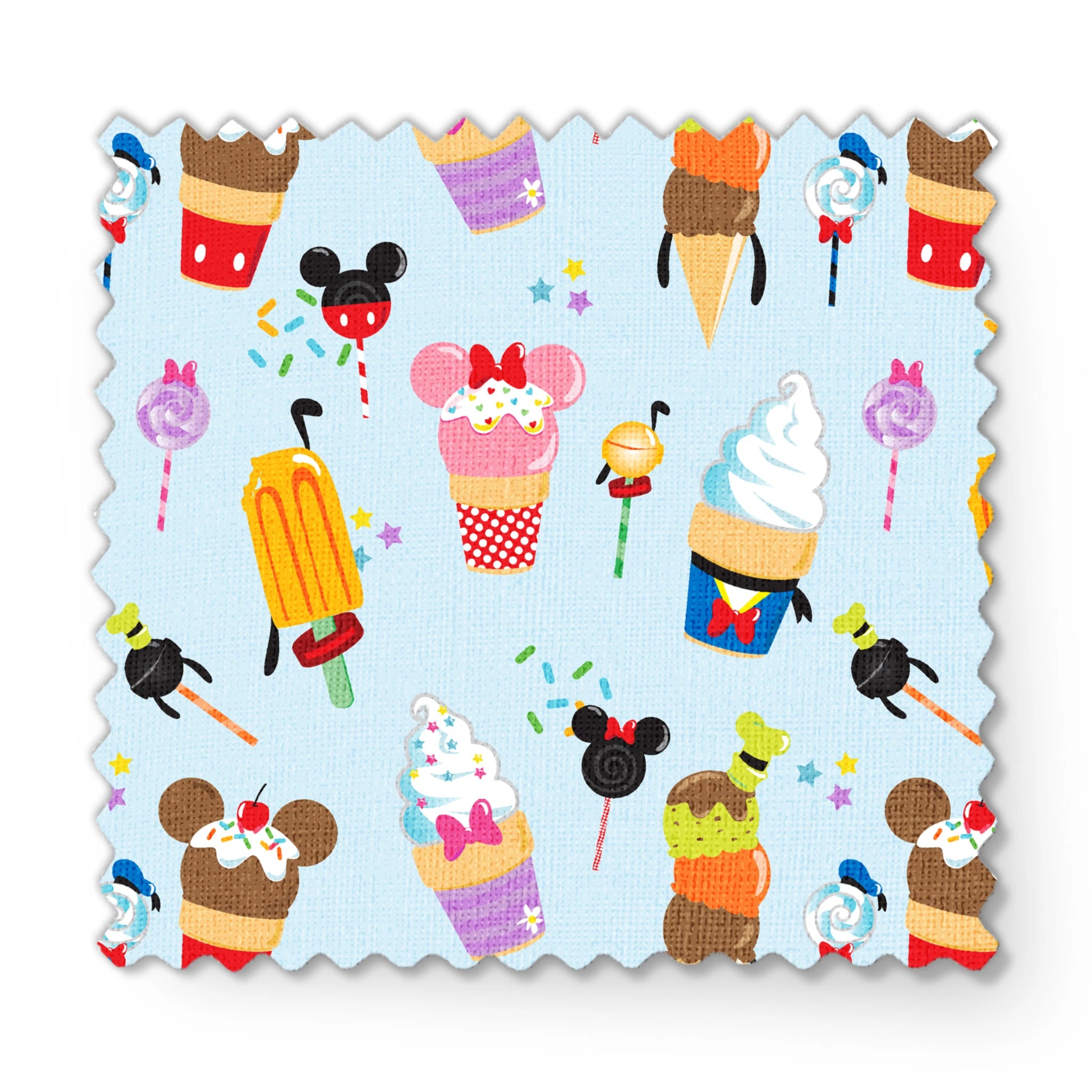 Disney-themed ice cream and sweet treats pattern with Mickey and Minnie icons on light blue background fabric swatch mockup
