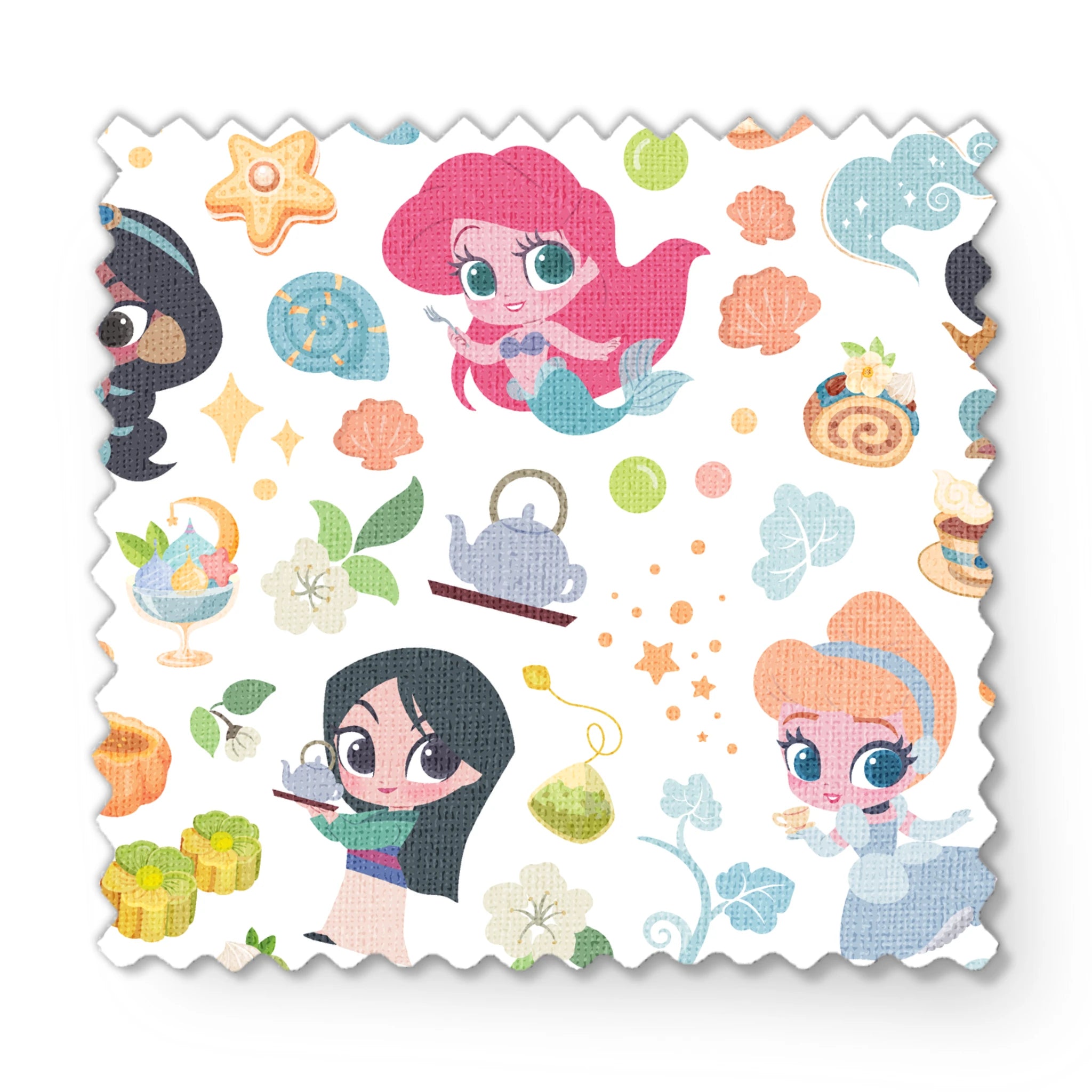 Disney Princess pattern with iconic characters, teapots, shells, sweets and gift boxes on white background fabric swatch mockup