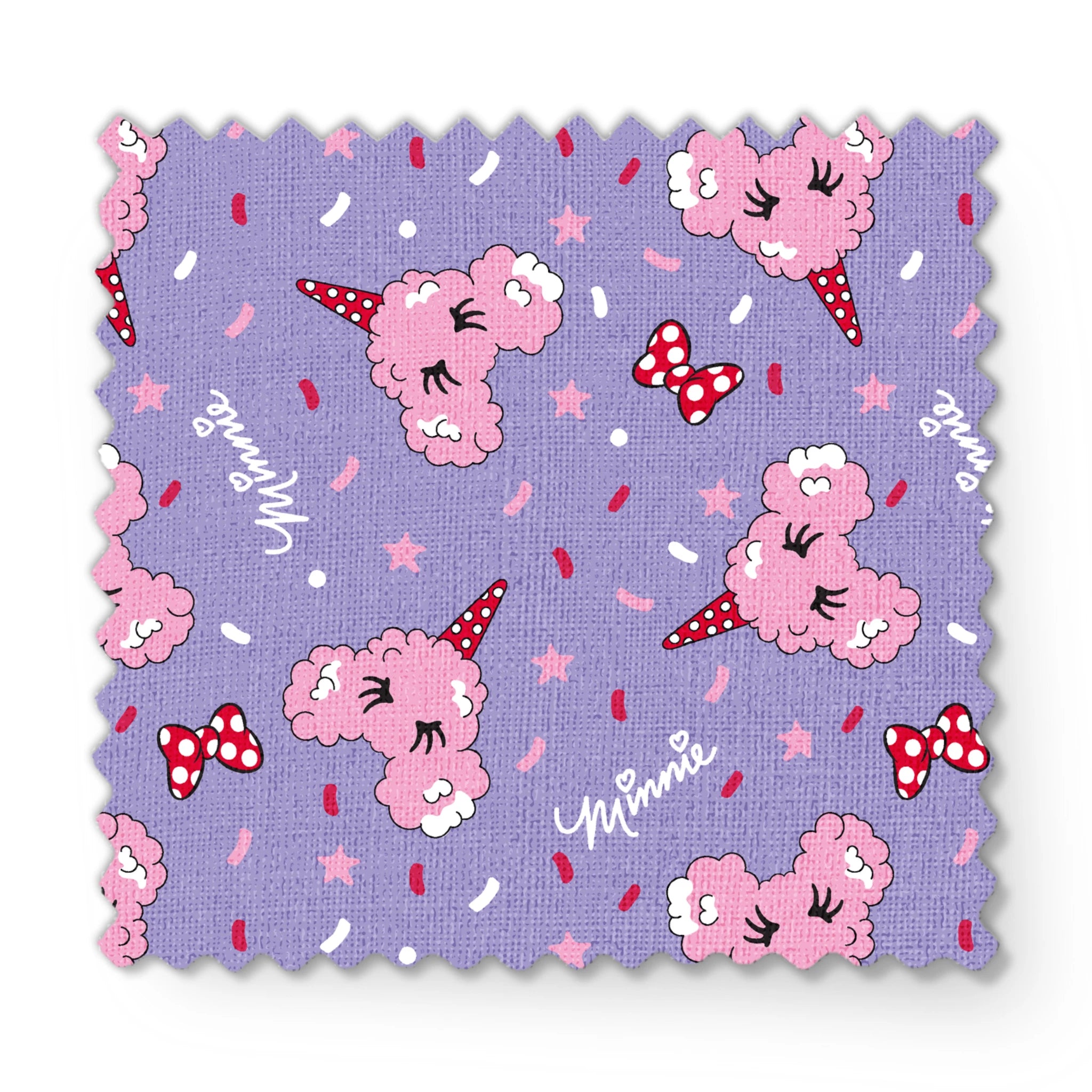 Pink Disney-inspired cotton candy and bows on purple background with confetti and stars fabric swatch mockup